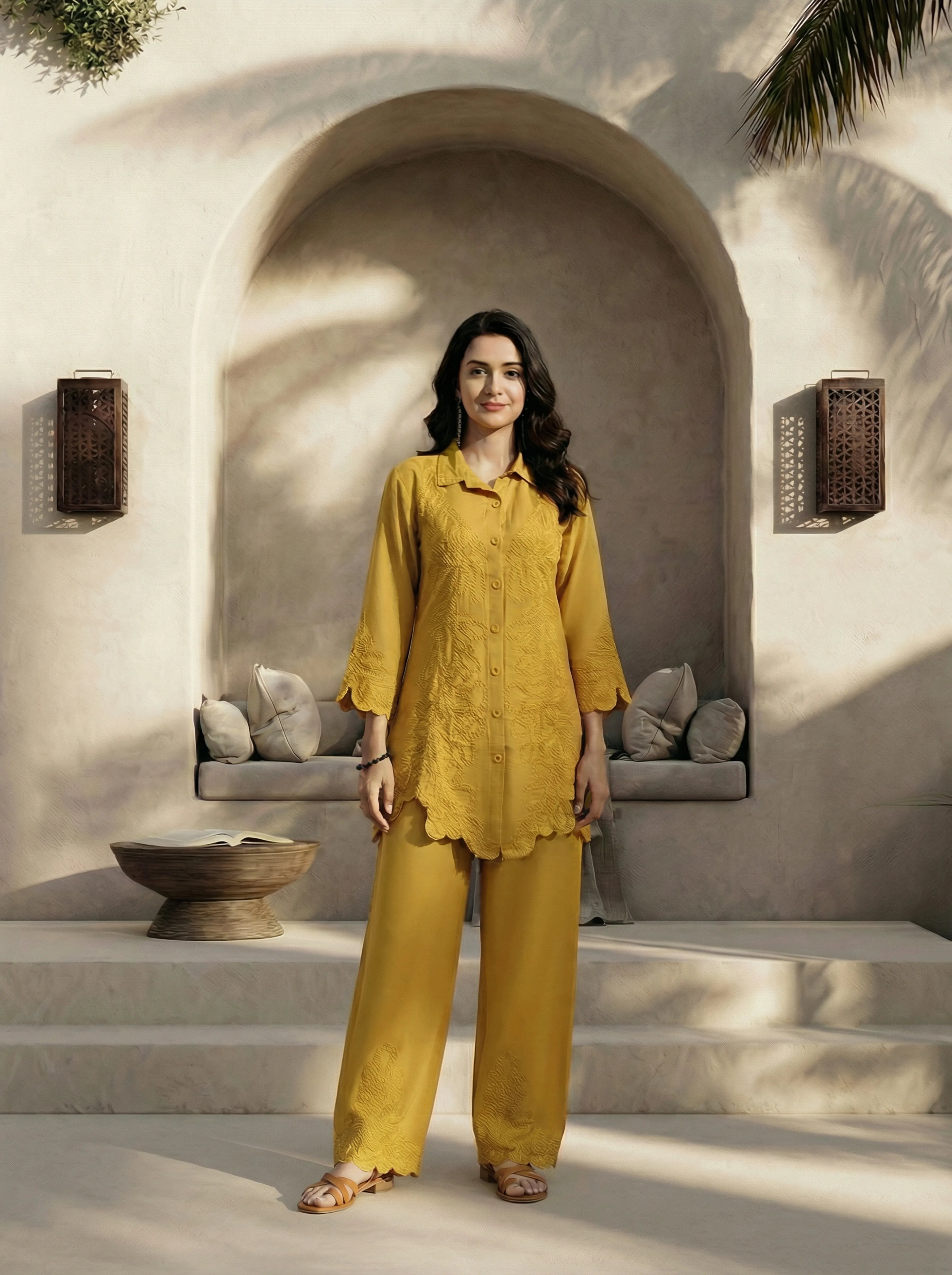 Mustard Yellow Embroidered Co-ord Set in Rayon Blend