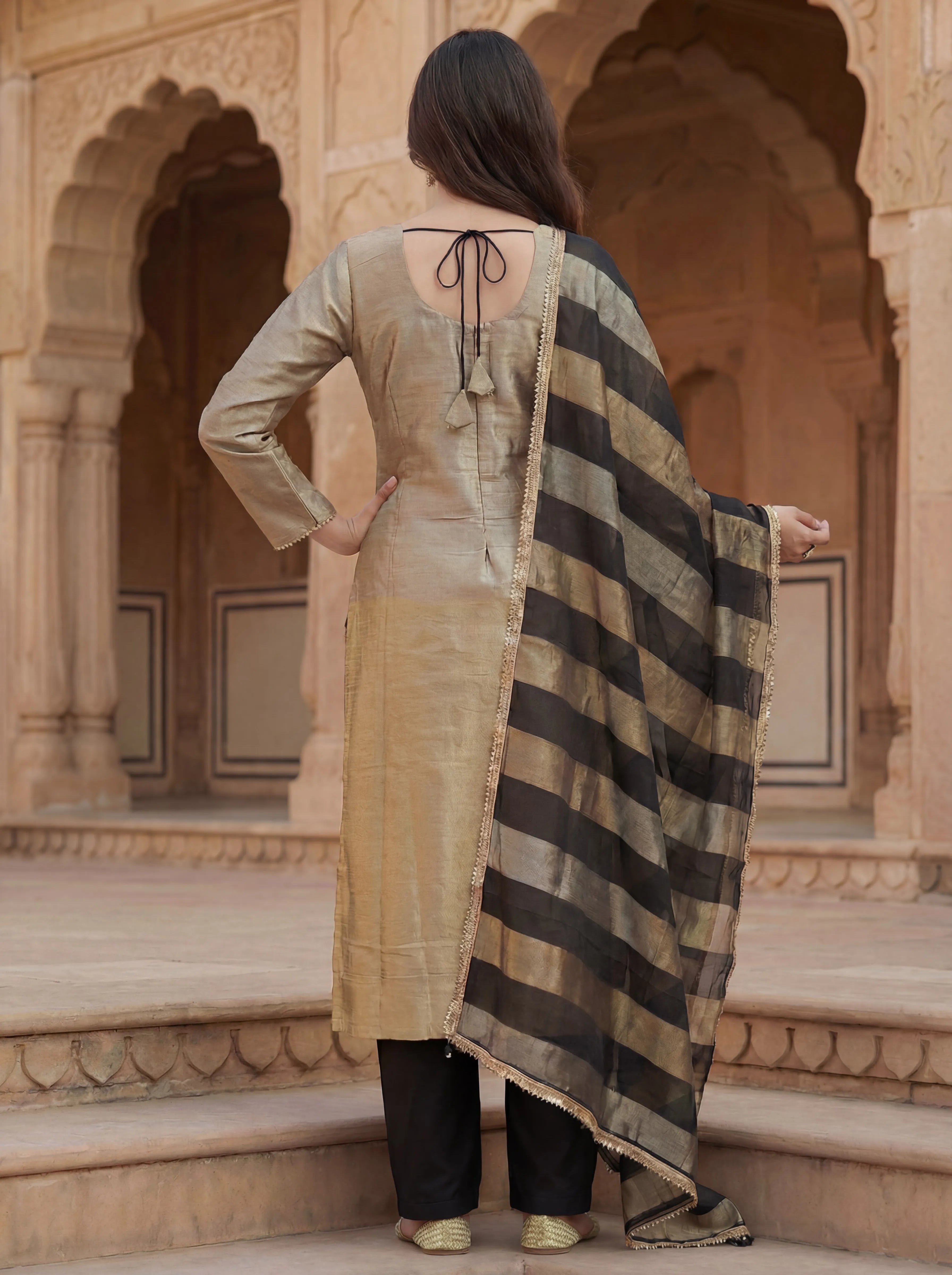 Gold & Black Dual Tone Silk 3 Piece Set