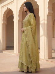 Lime Green Brocade Anarkali 3 Piece Set