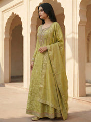 Lime Green Brocade Anarkali 3 Piece Set