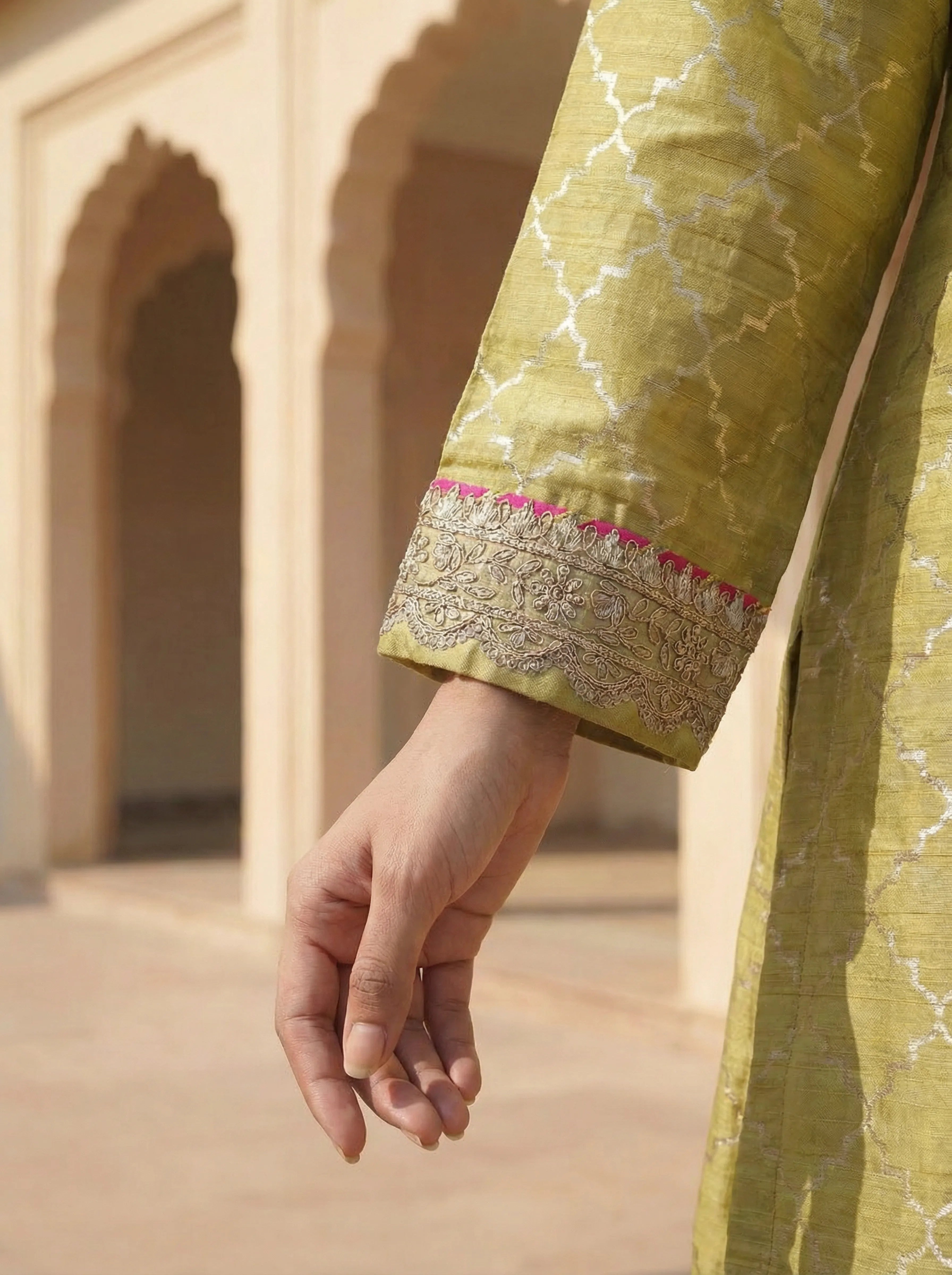Lime Green Brocade Anarkali 3 Piece Set