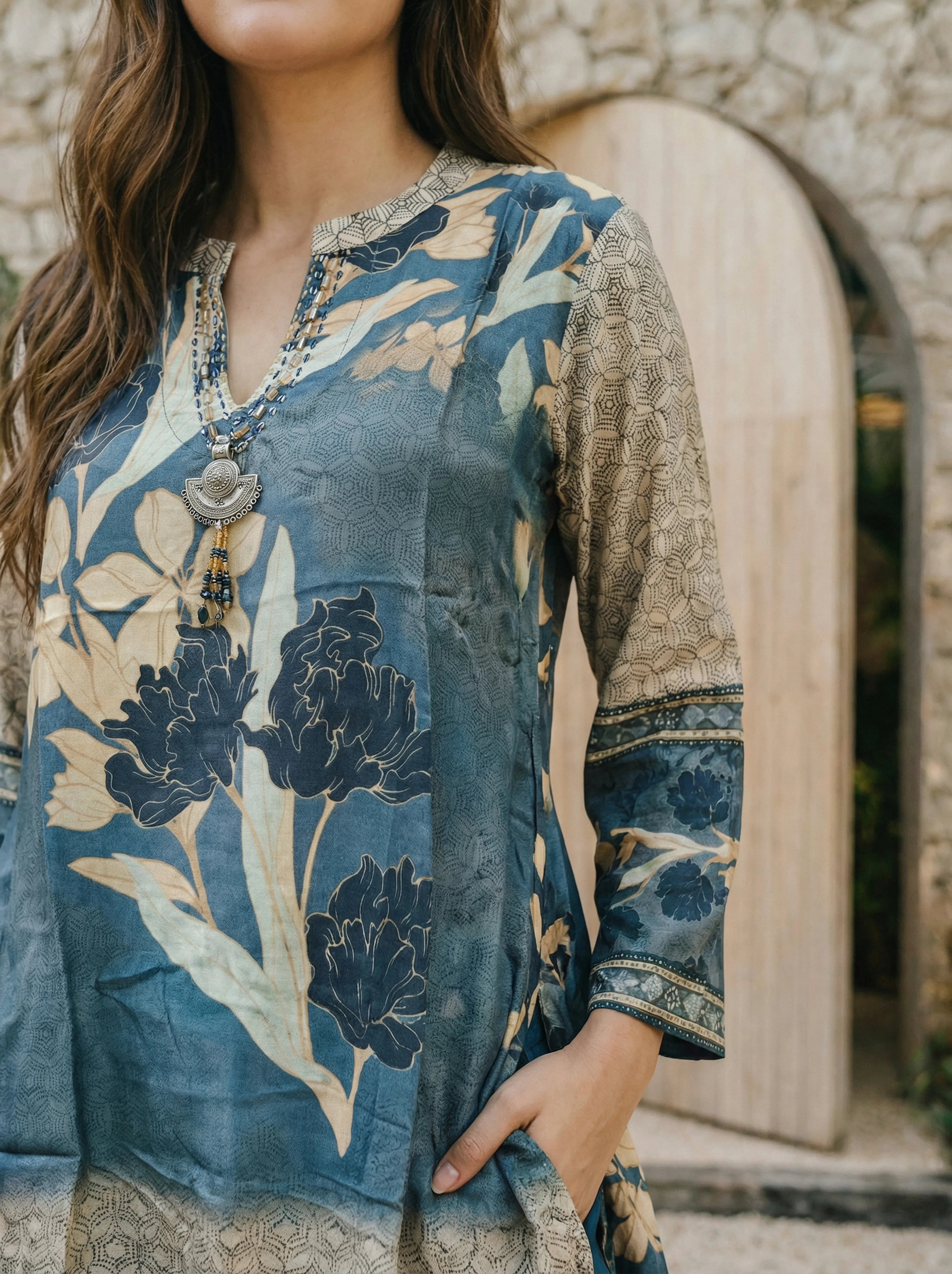 Steel Blue Geometric & Floral Co-ord Set in Viscose Silk