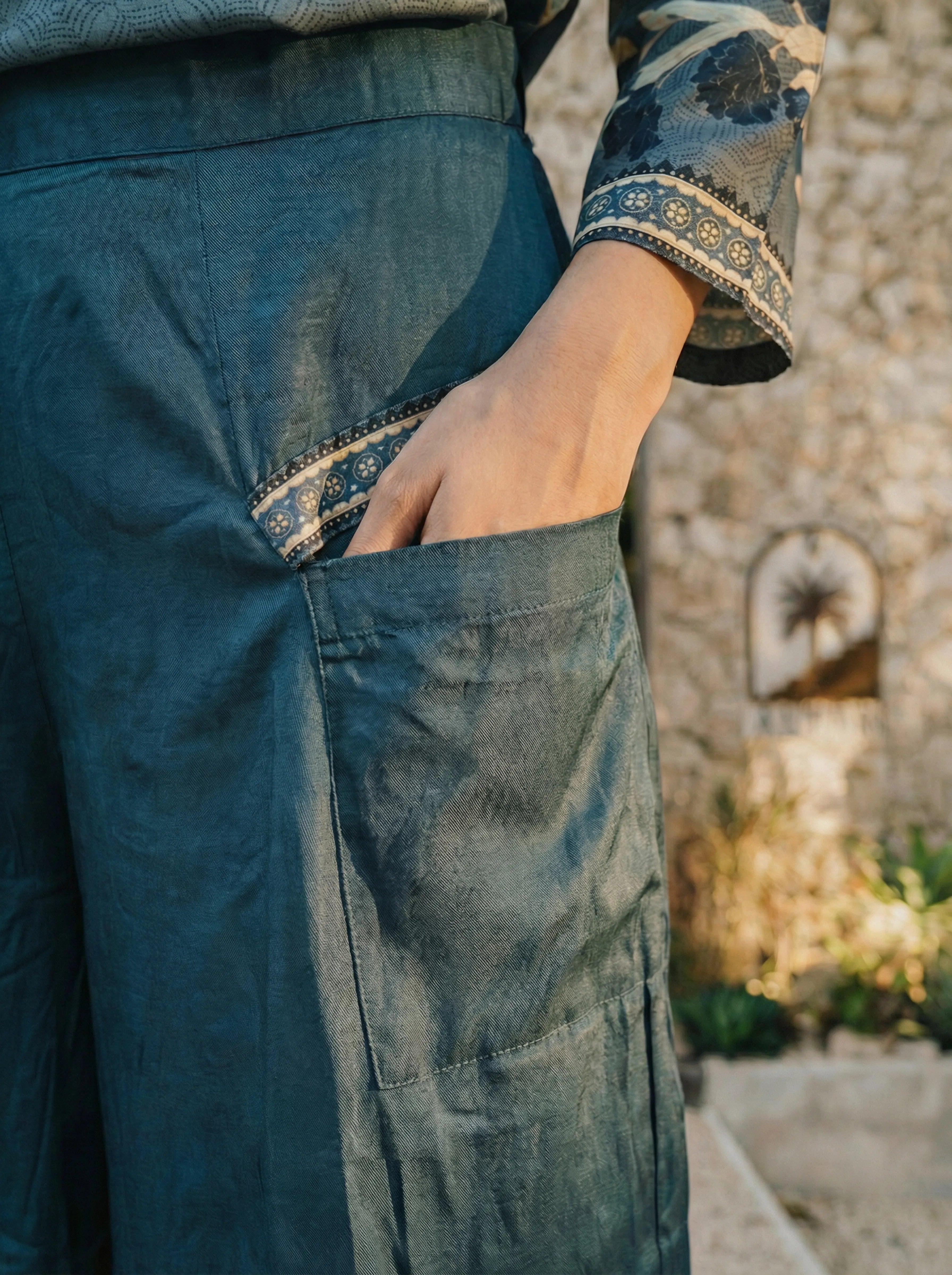 Steel Blue Geometric & Floral Co-ord Set in Viscose Silk