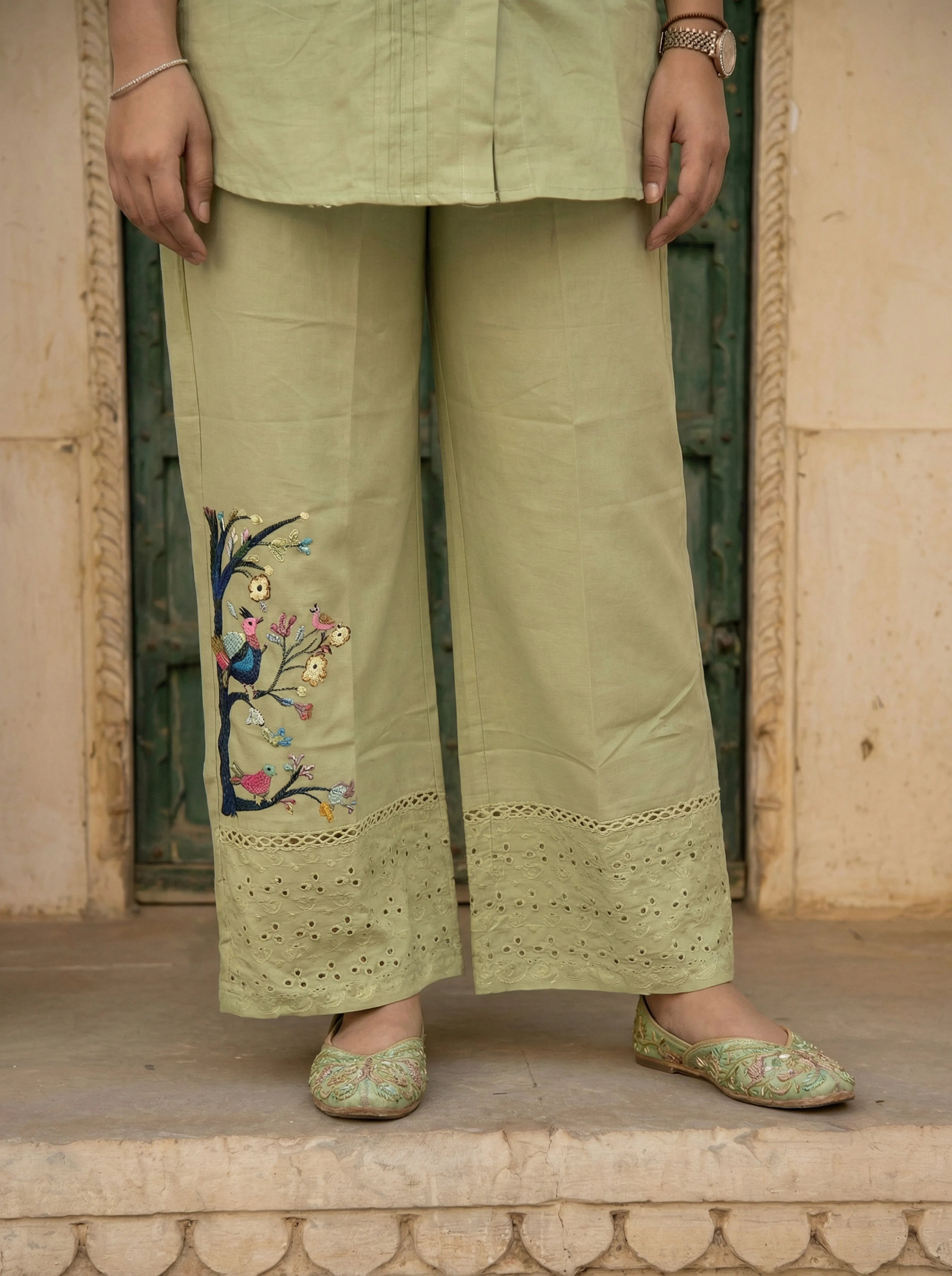 Pastel Green Embroidered Co-ord Set in Cotton Cambric