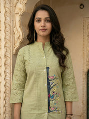 Pastel Green Embroidered Co-ord Set in Cotton Cambric