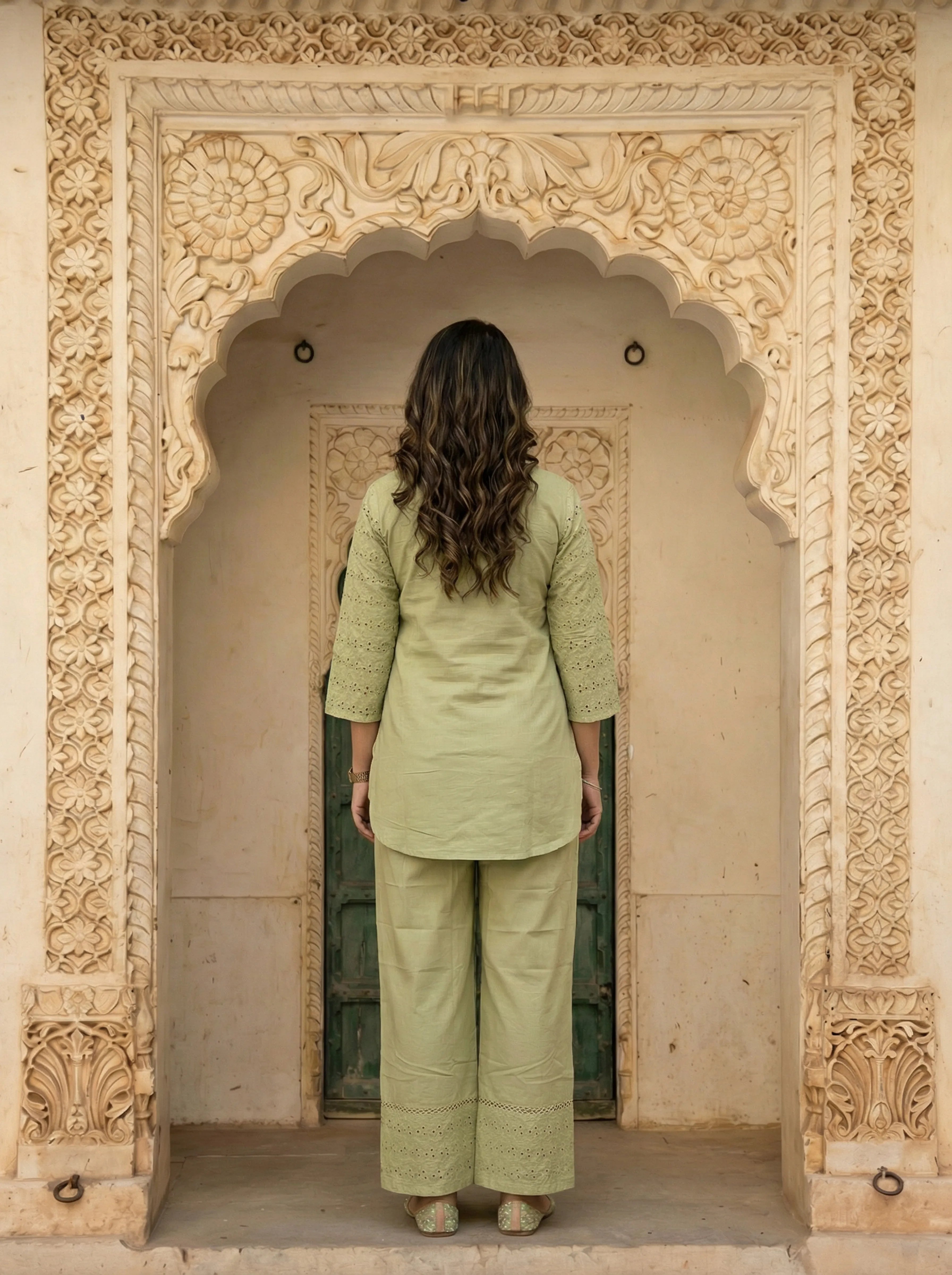 Pastel Green Embroidered Co-ord Set in Cotton Cambric