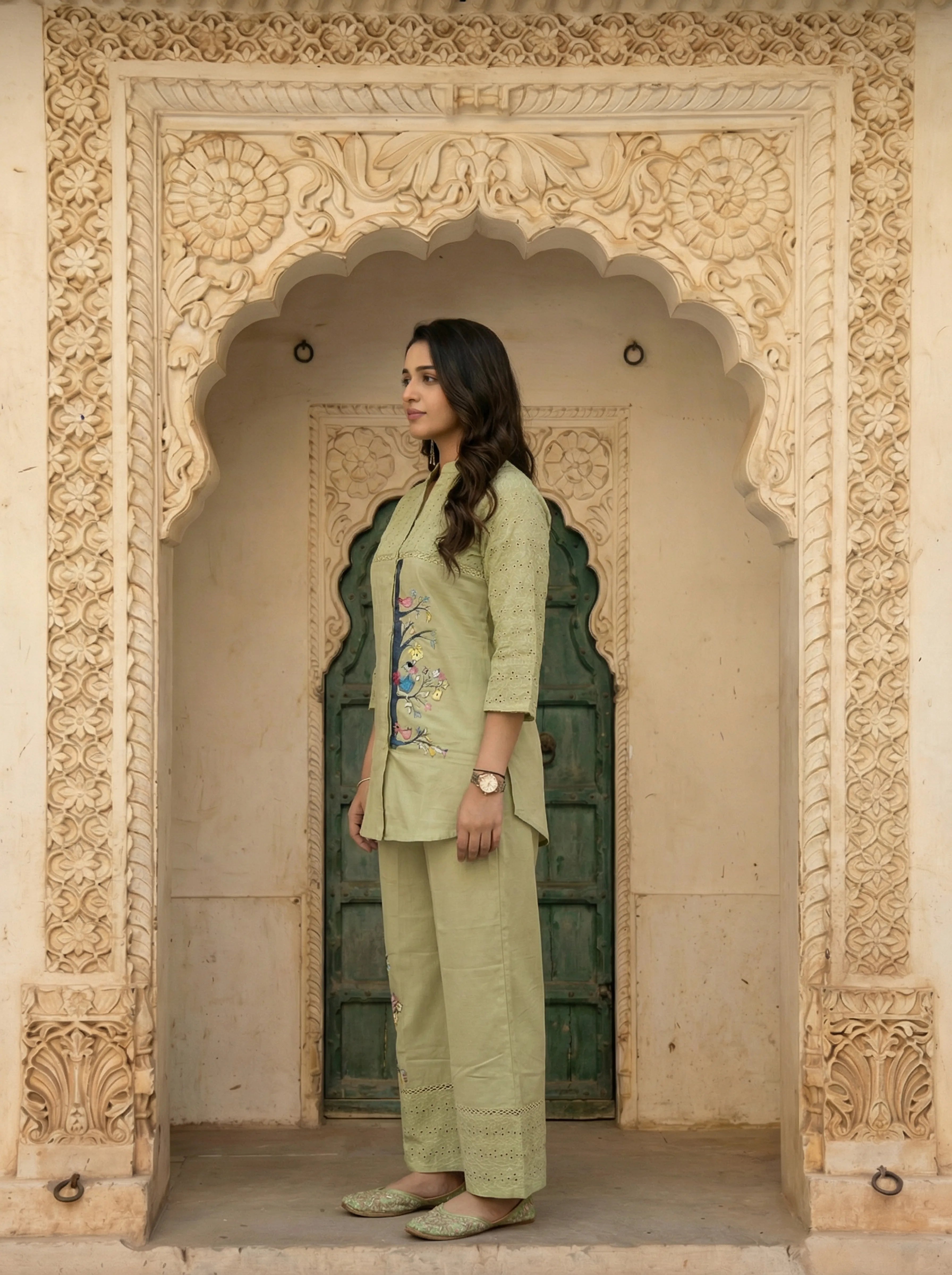 Pastel Green Embroidered Co-ord Set in Cotton Cambric