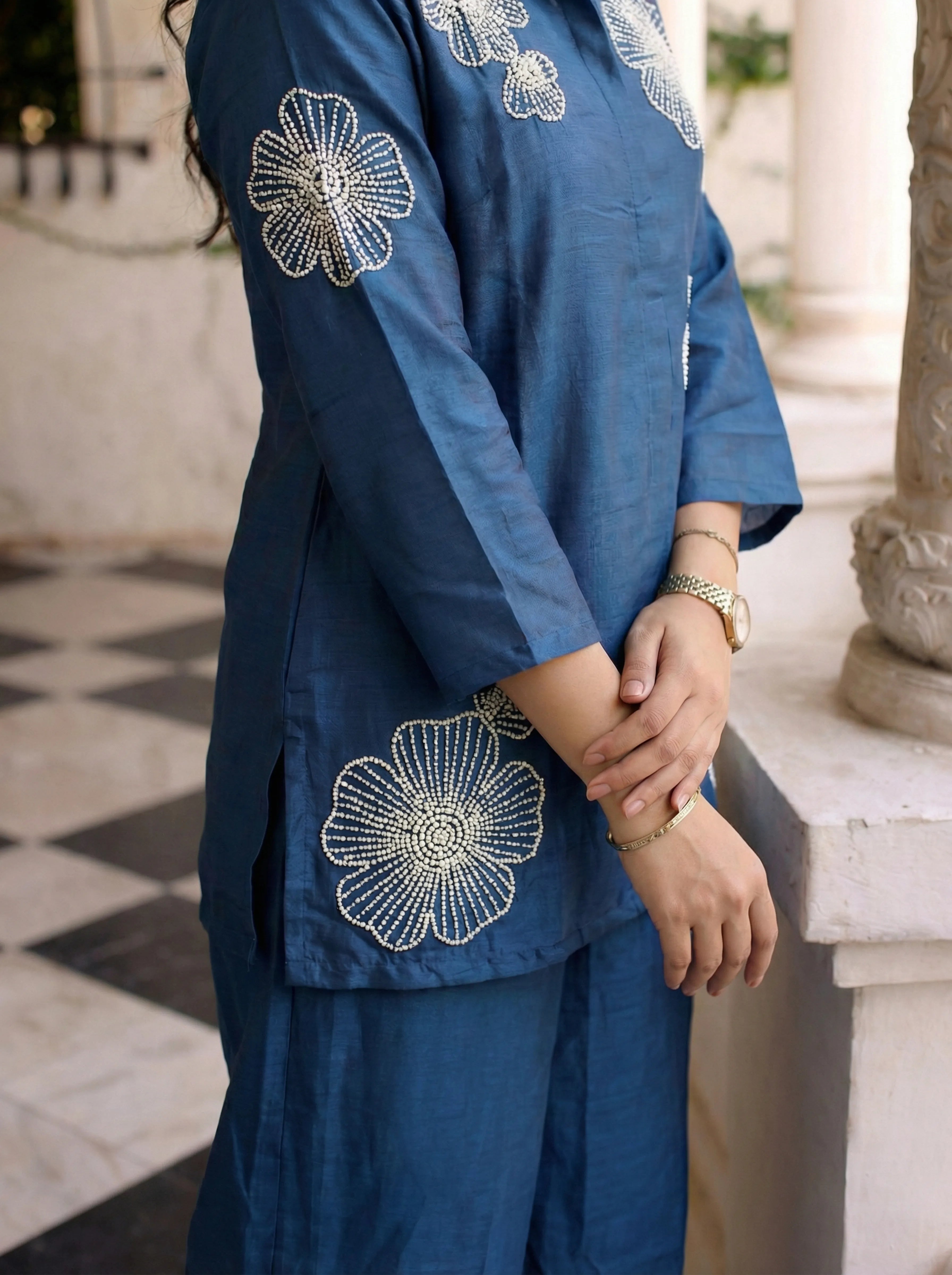 Indigo Hand-Beaded Floral Motif Co-ord Set with Palazzo Pants