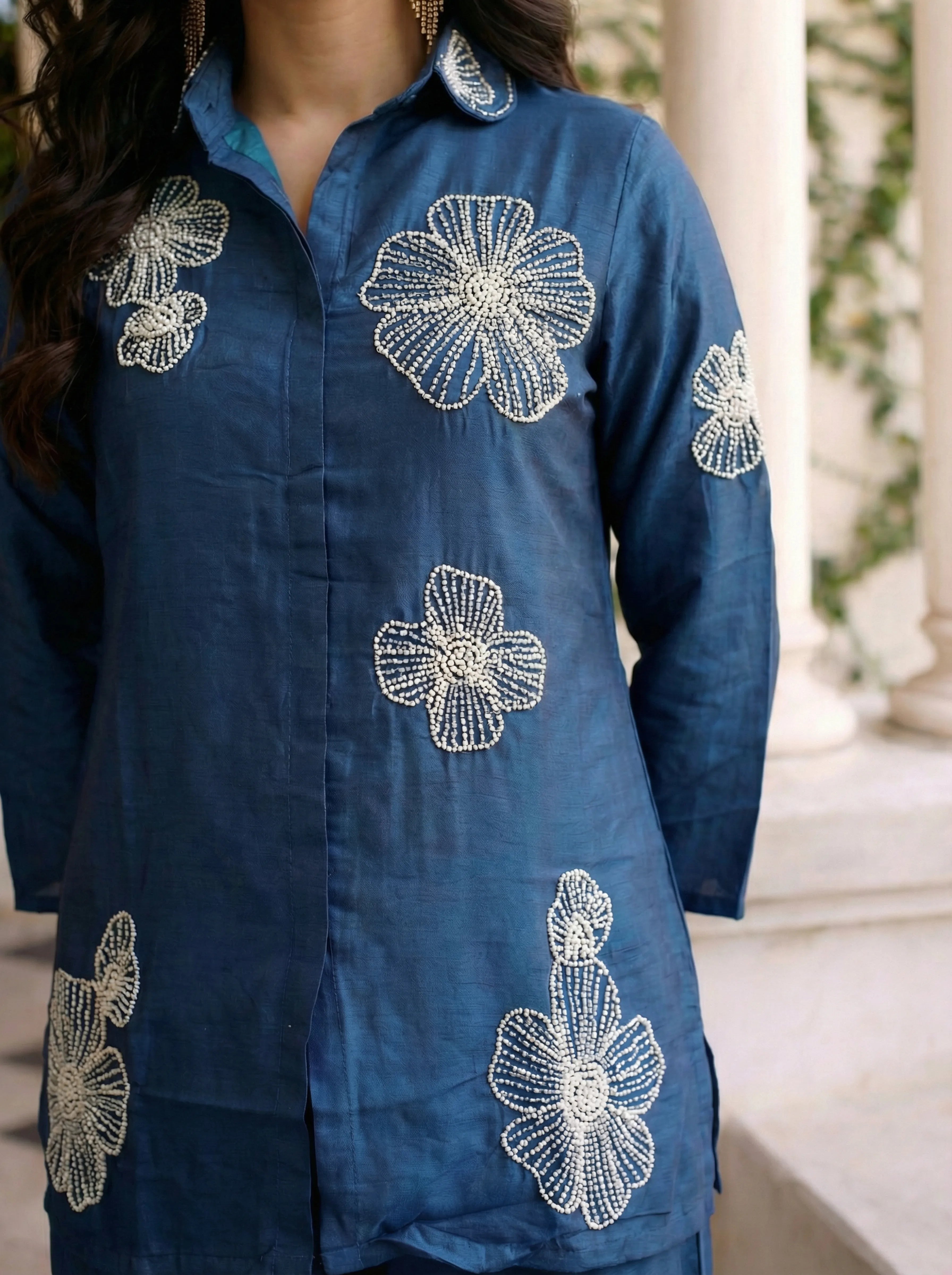 Indigo Hand-Beaded Floral Motif Co-ord Set with Palazzo Pants