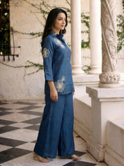 Indigo Hand-Beaded Floral Motif Co-ord Set with Palazzo Pants