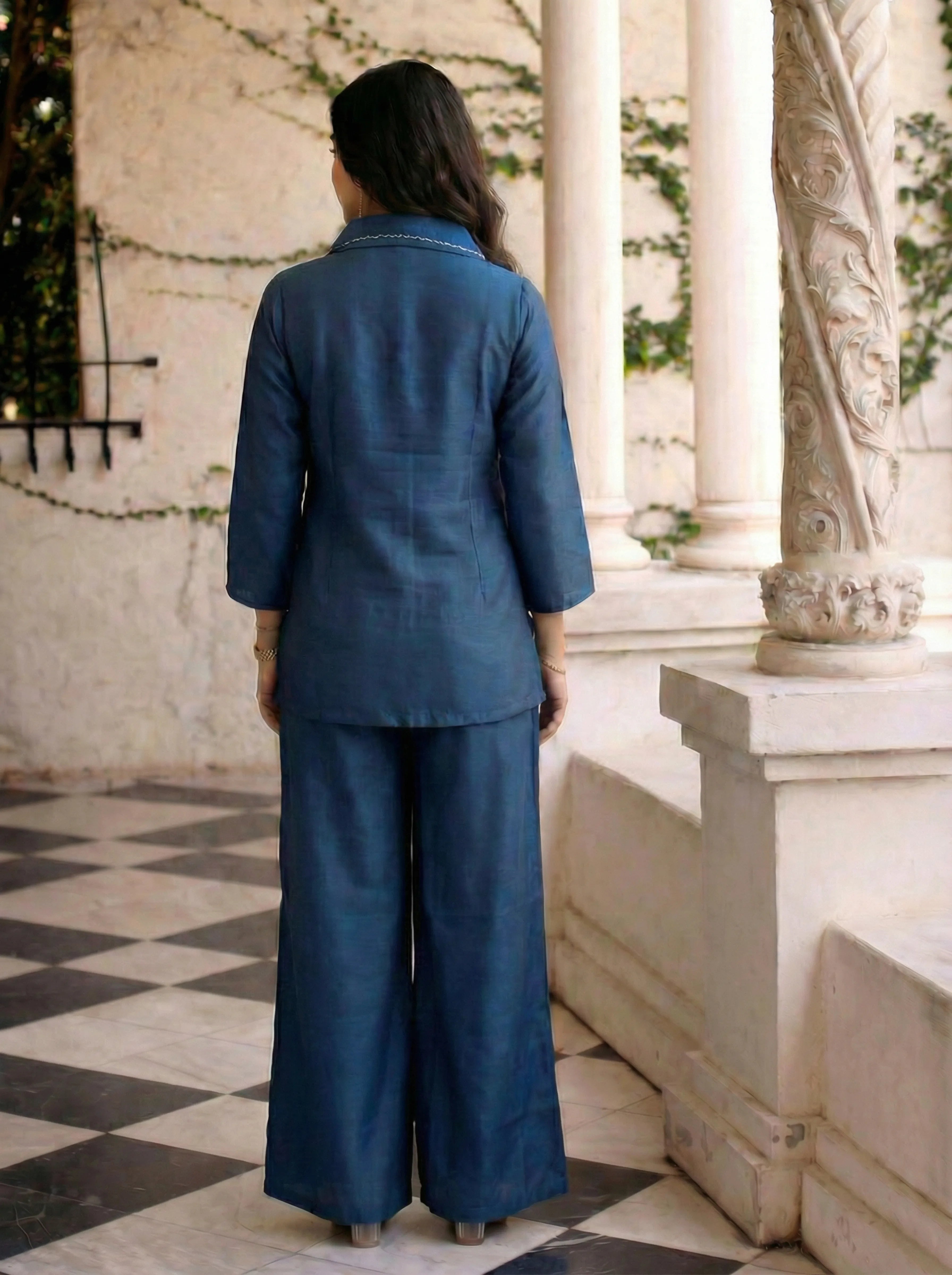 Indigo Hand-Beaded Floral Motif Co-ord Set with Palazzo Pants