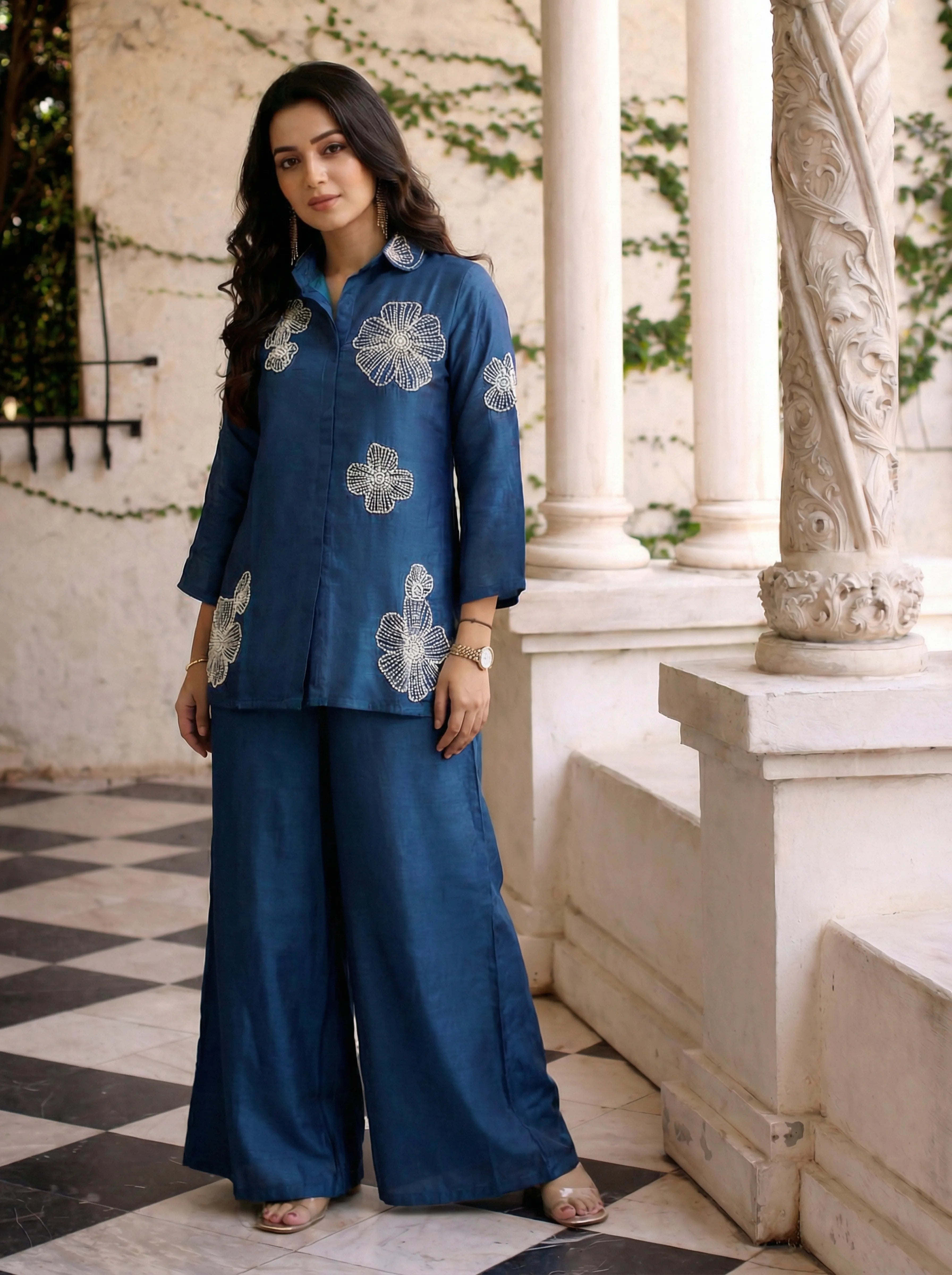 Indigo Hand-Beaded Floral Motif Co-ord Set with Palazzo Pants
