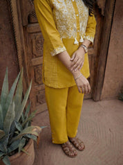 Mustard Yellow Embroidered Co-ord Set in Cotton Cambric