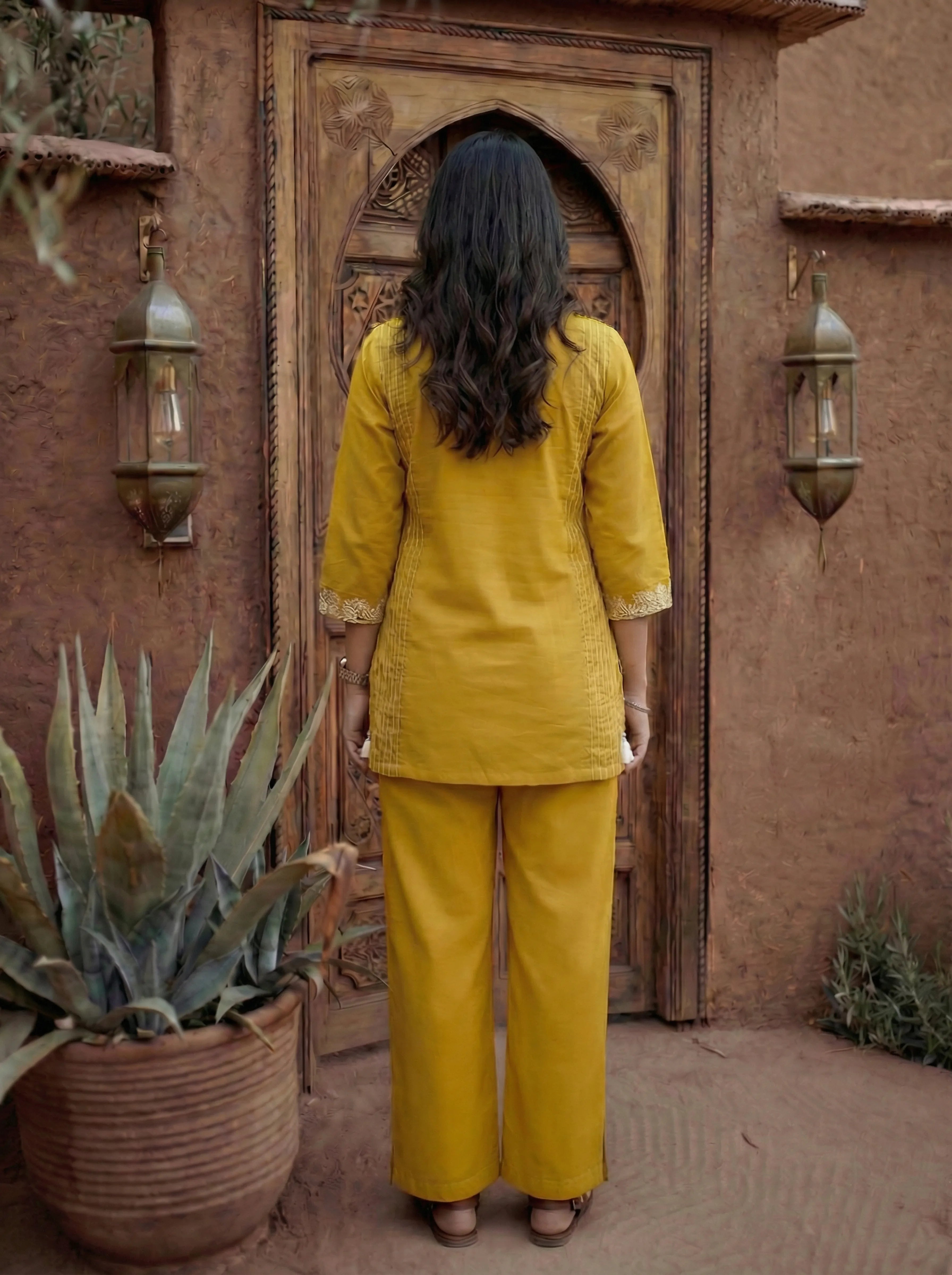 Mustard Yellow Embroidered Co-ord Set in Cotton Cambric