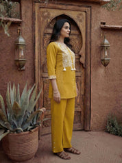 Mustard Yellow Embroidered Co-ord Set in Cotton Cambric