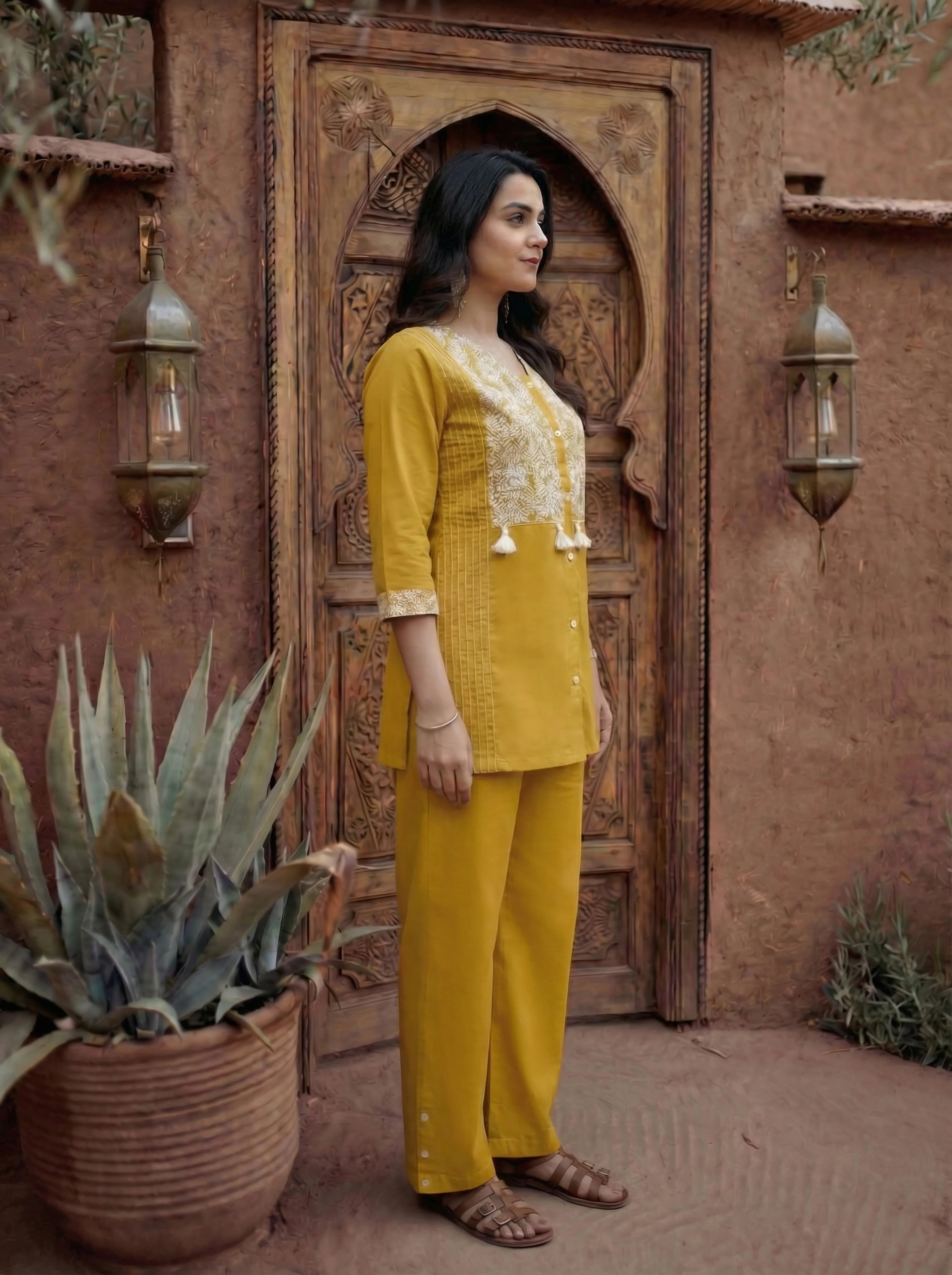 Mustard Yellow Embroidered Co-ord Set in Cotton Cambric