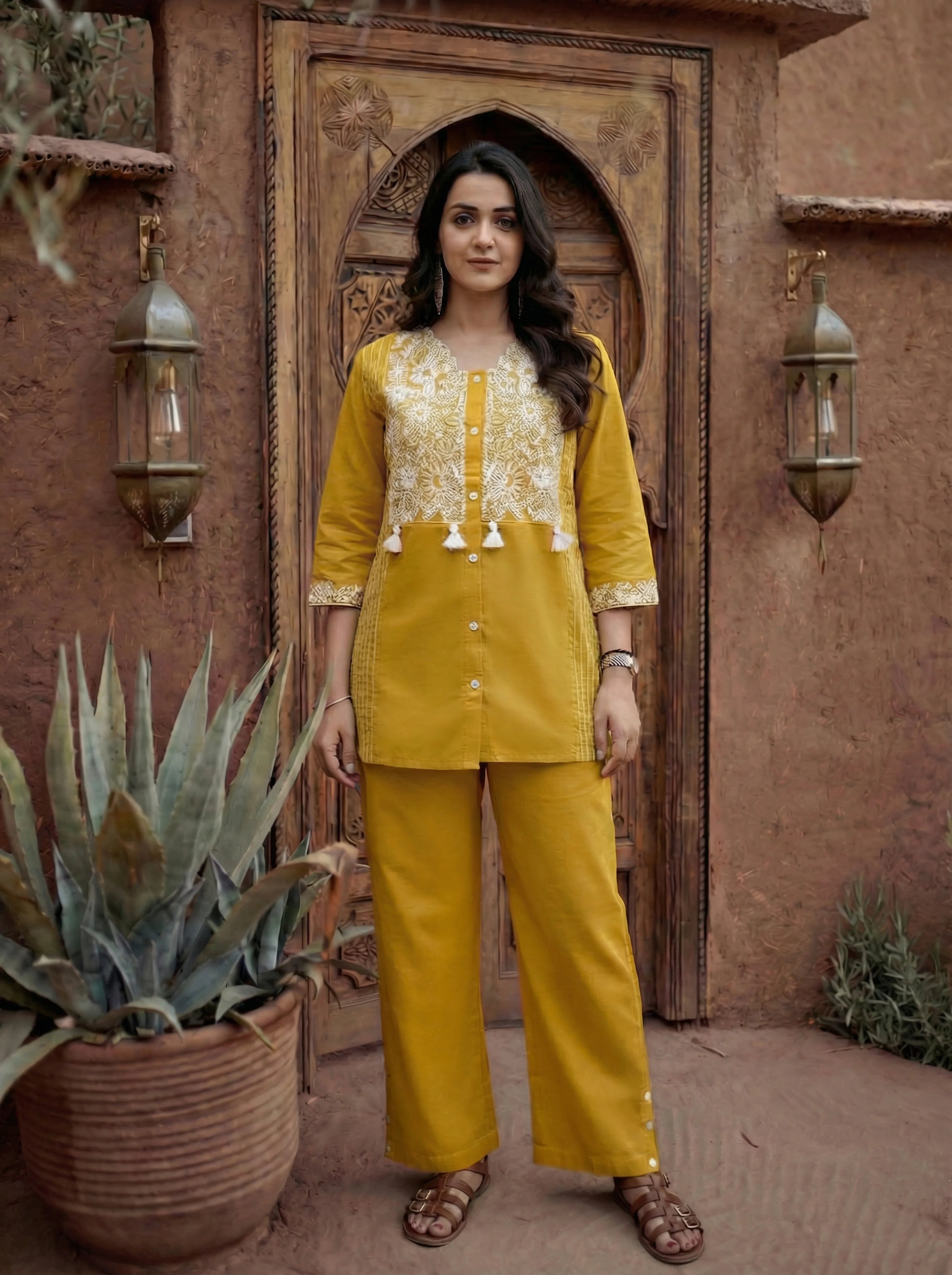Mustard Yellow Embroidered Co-ord Set in Cotton Cambric