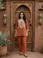 Burnt Orange Embroidered Co-ord Set in Cotton Cambric