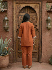 Burnt Orange Embroidered Co-ord Set in Cotton Cambric
