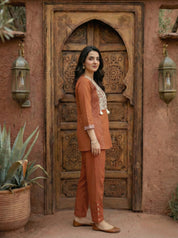 Burnt Orange Embroidered Co-ord Set in Cotton Cambric