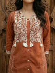 Burnt Orange Embroidered Co-ord Set in Cotton Cambric