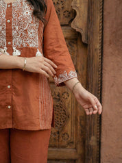 Burnt Orange Embroidered Co-ord Set in Cotton Cambric