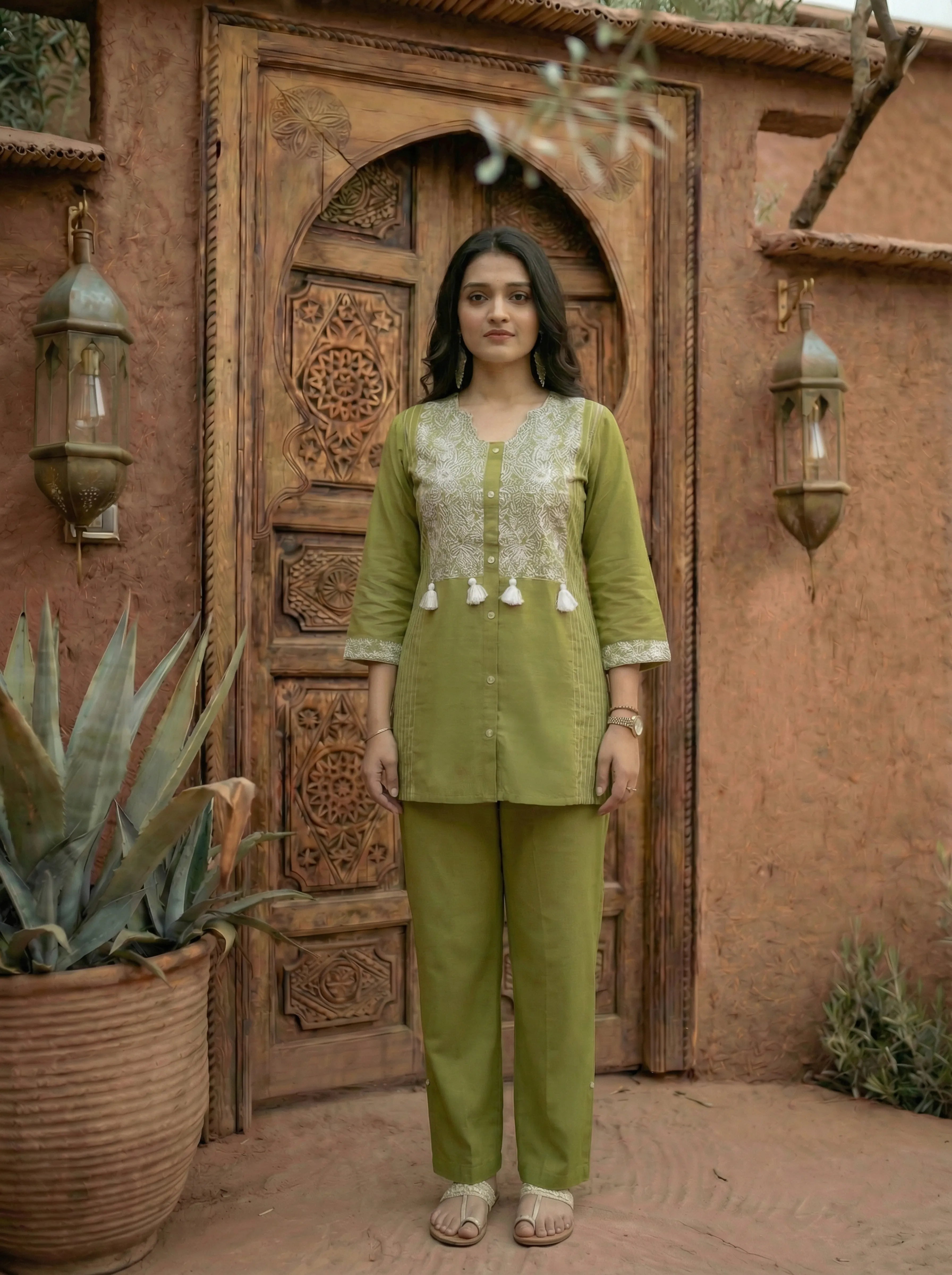 Olive Green Embroidered Co-ord Set in Cotton Cambric