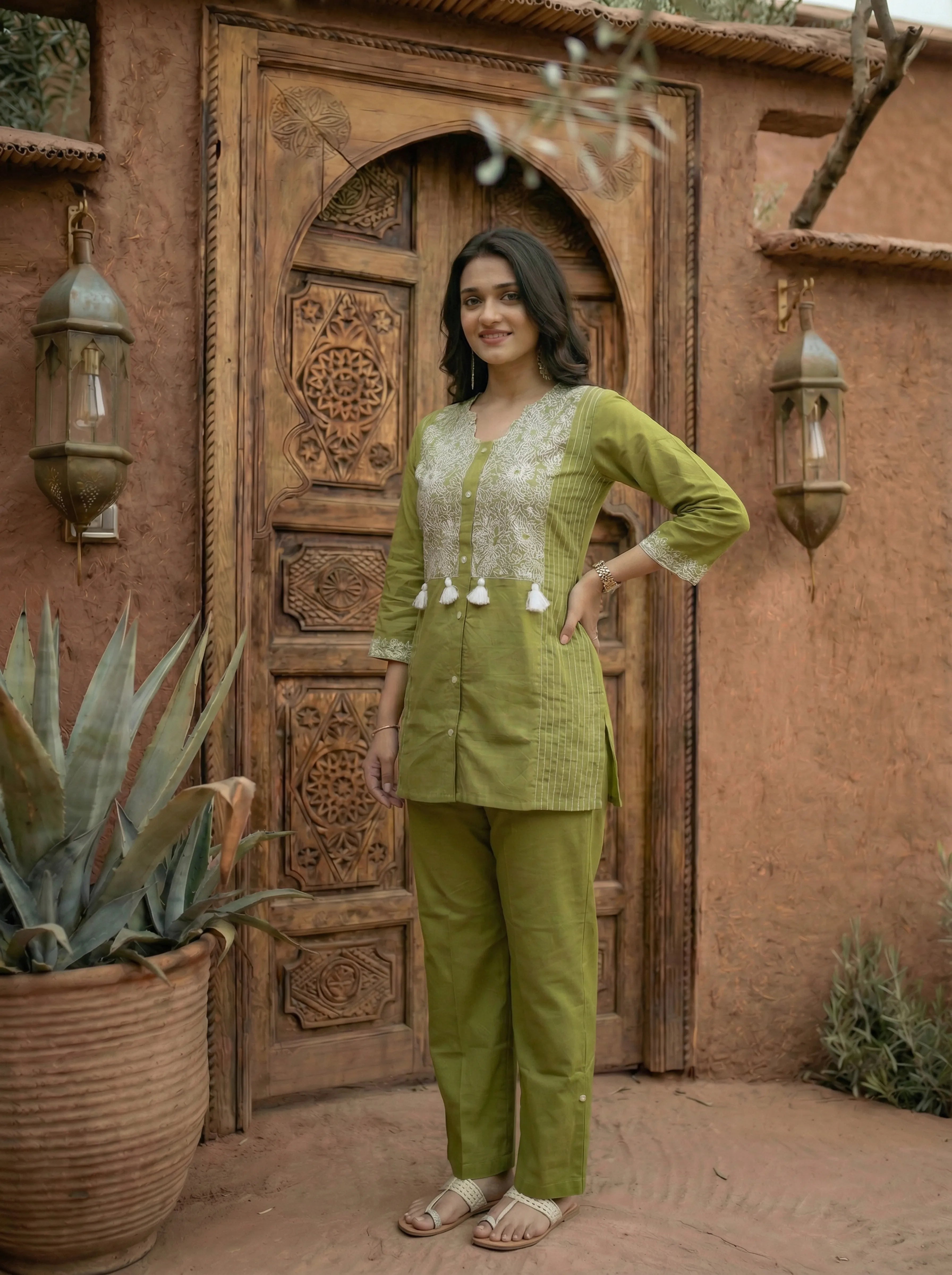 Olive Green Embroidered Co-ord Set in Cotton Cambric