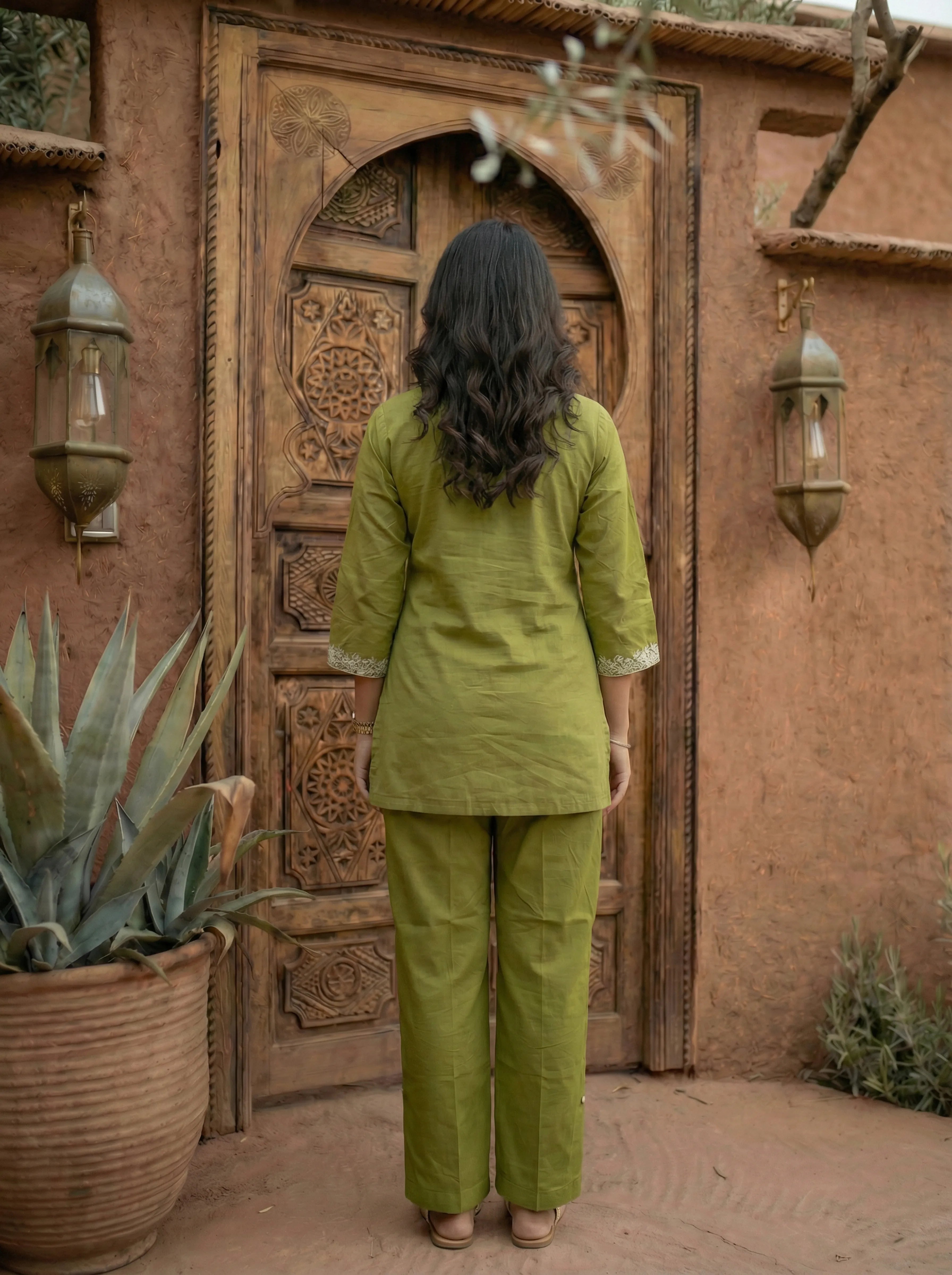Olive Green Embroidered Co-ord Set in Cotton Cambric