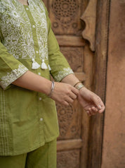 Olive Green Embroidered Co-ord Set in Cotton Cambric