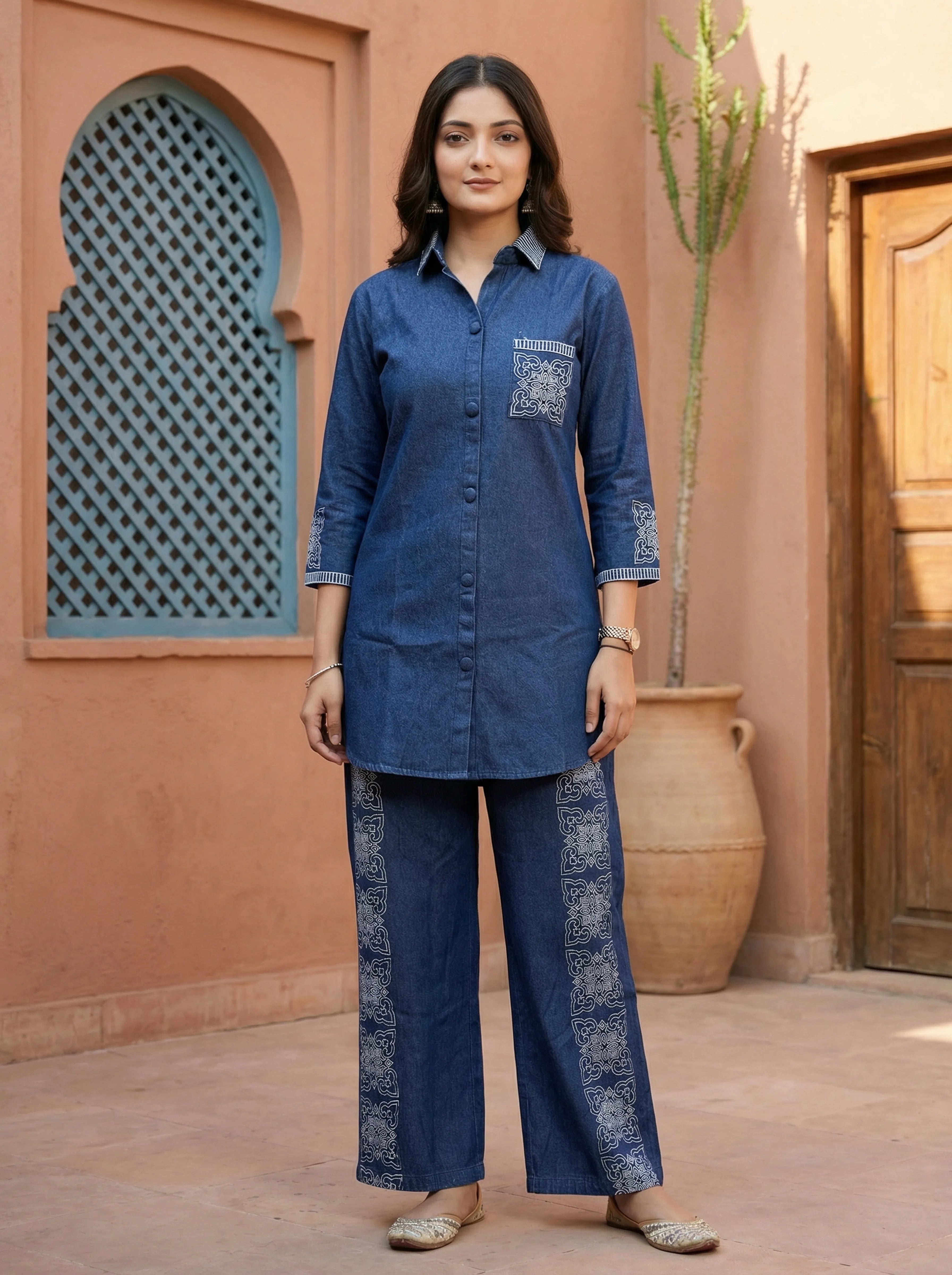 Denim Blue Embroidered Co-ord Set in Cotton Denim