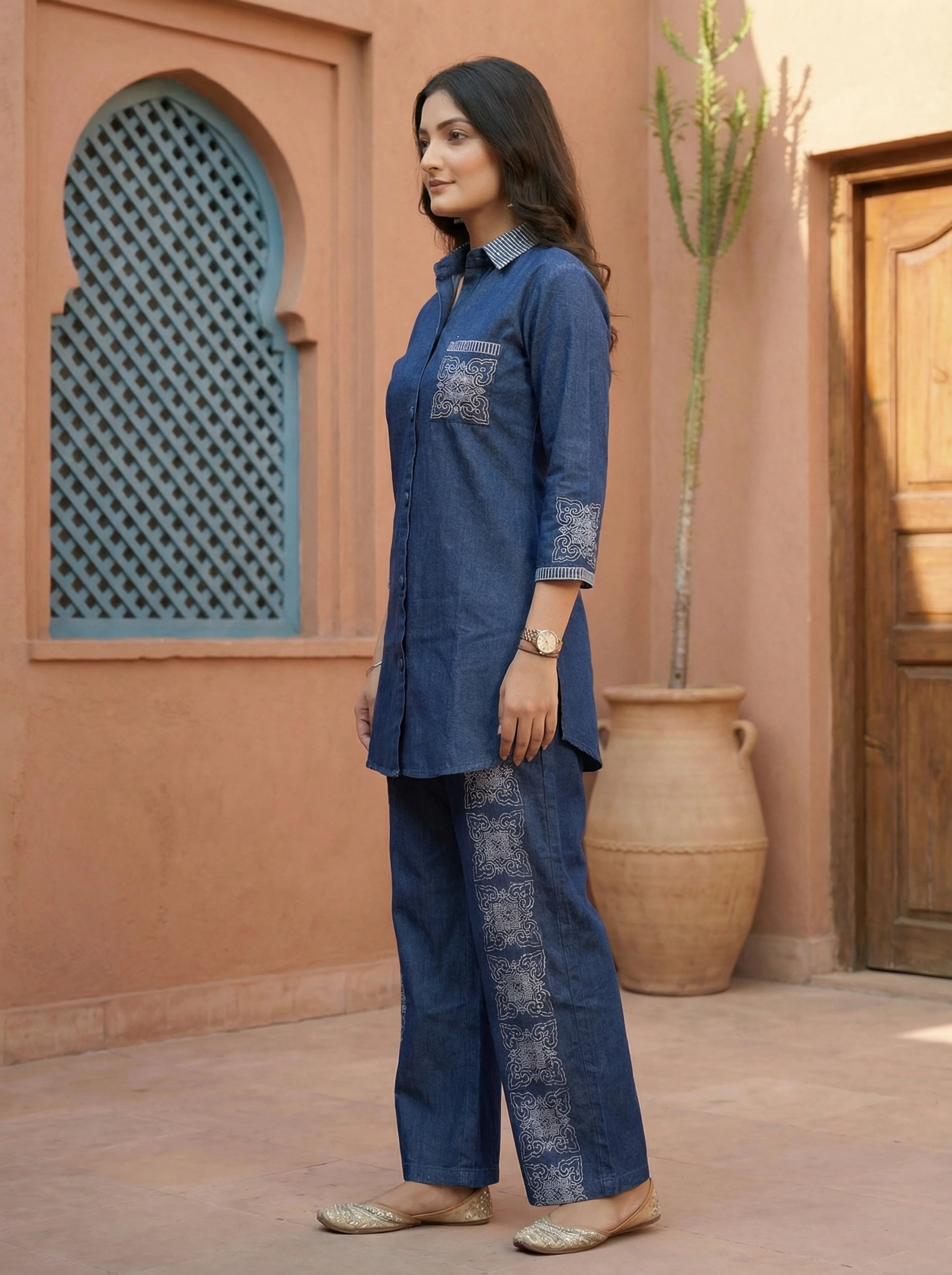 Denim Blue Embroidered Co-ord Set in Cotton Denim