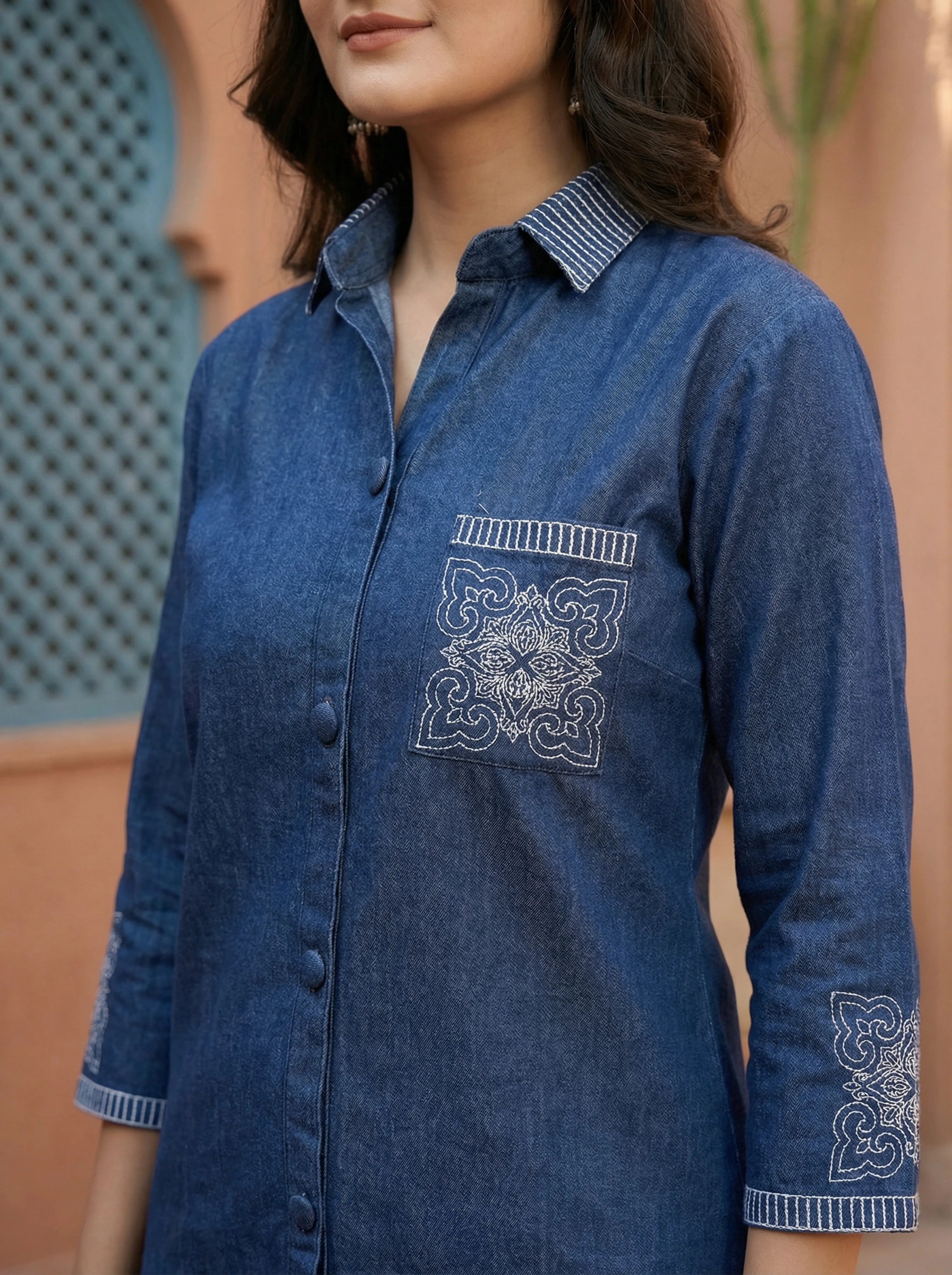 Denim Blue Embroidered Co-ord Set in Cotton Denim