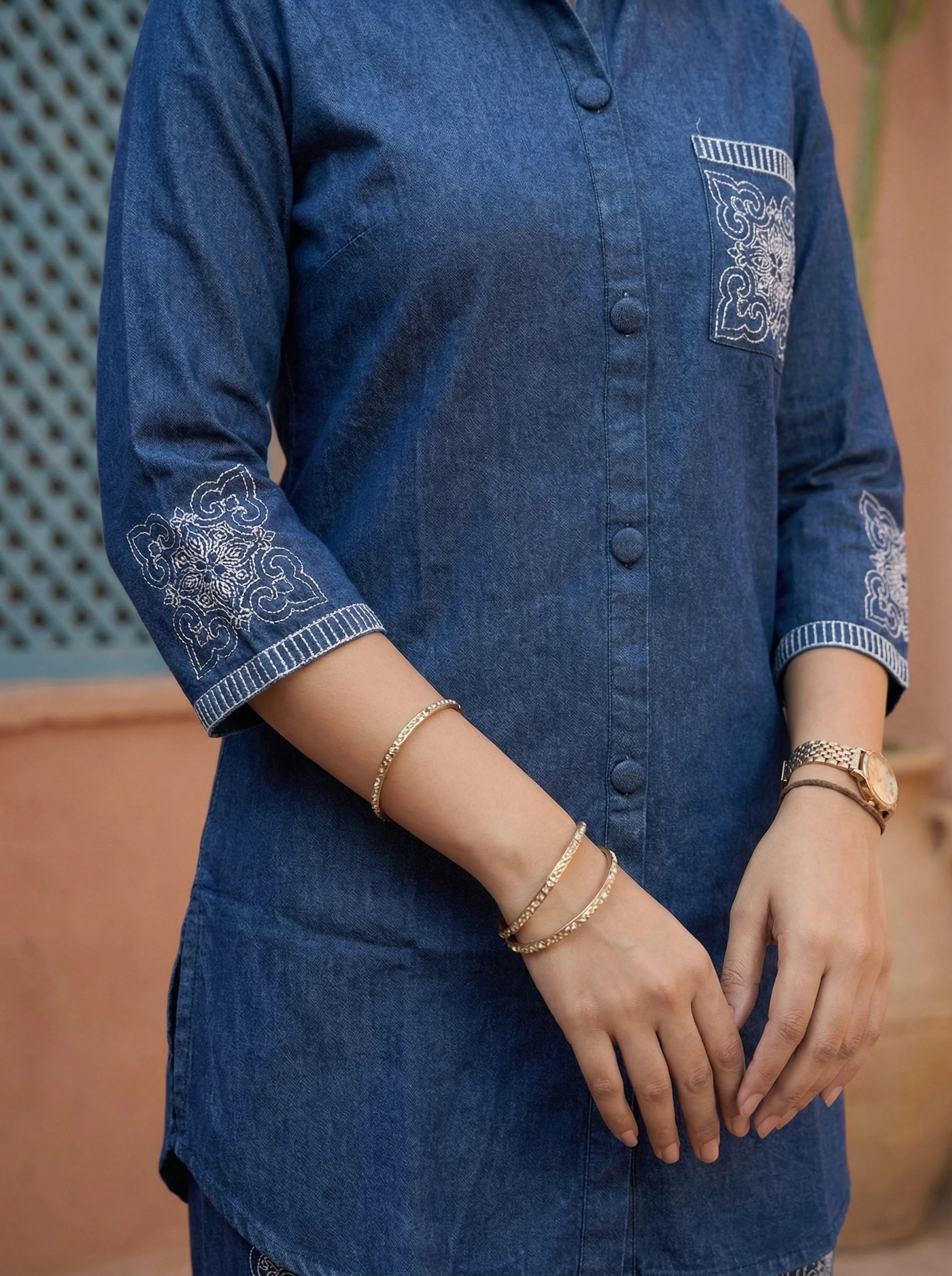 Denim Blue Embroidered Co-ord Set in Cotton Denim