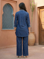 Denim Blue Embroidered Co-ord Set in Cotton Denim