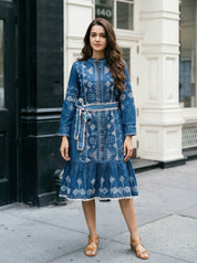 Denim Blue Embroidered A-Line Dress with Lace Belt in Cotton