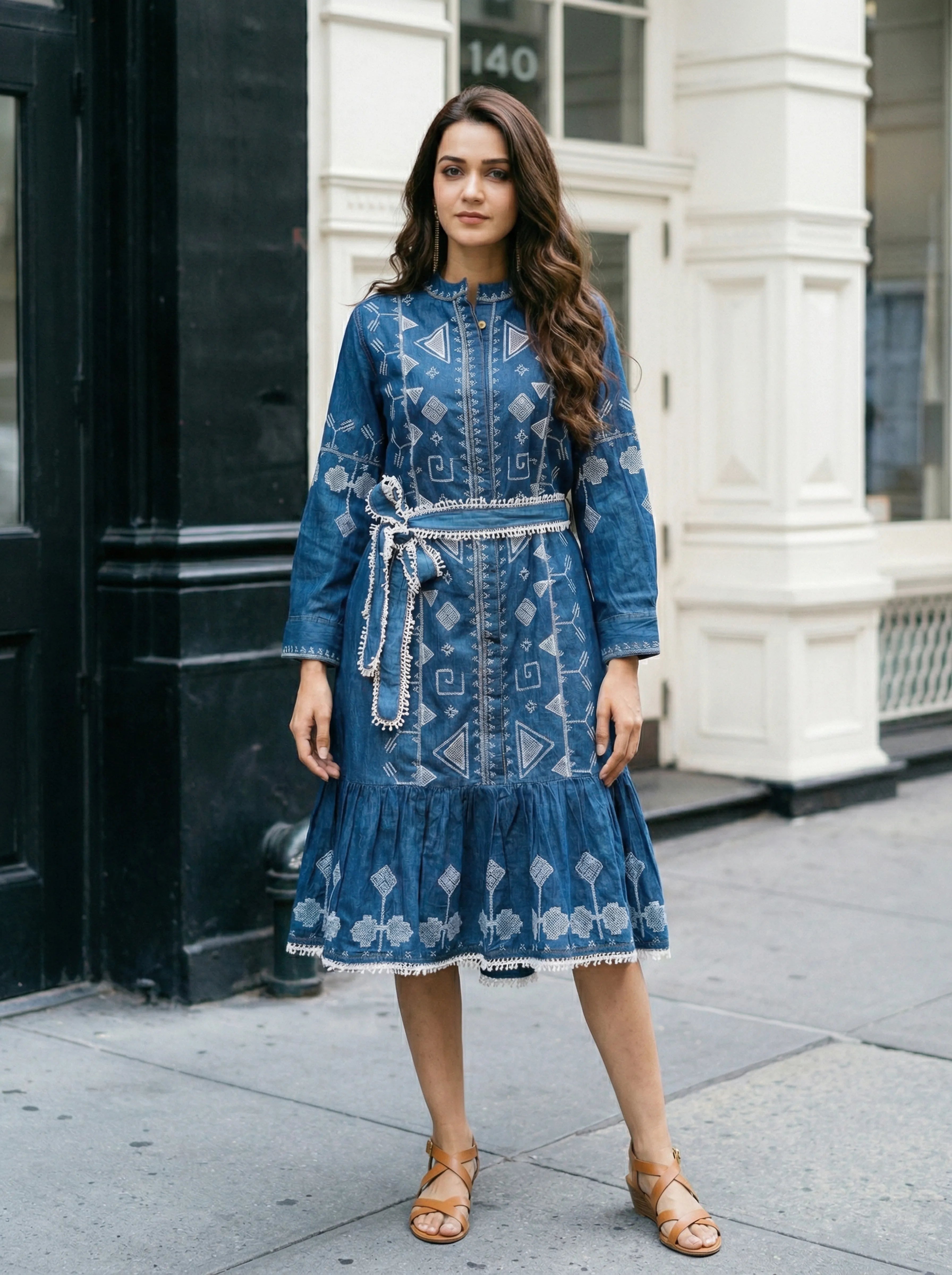 Denim Blue Embroidered A-Line Dress with Lace Belt in Cotton