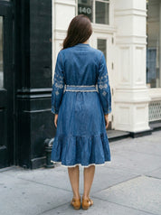 Denim Blue Embroidered A-Line Dress with Lace Belt in Cotton