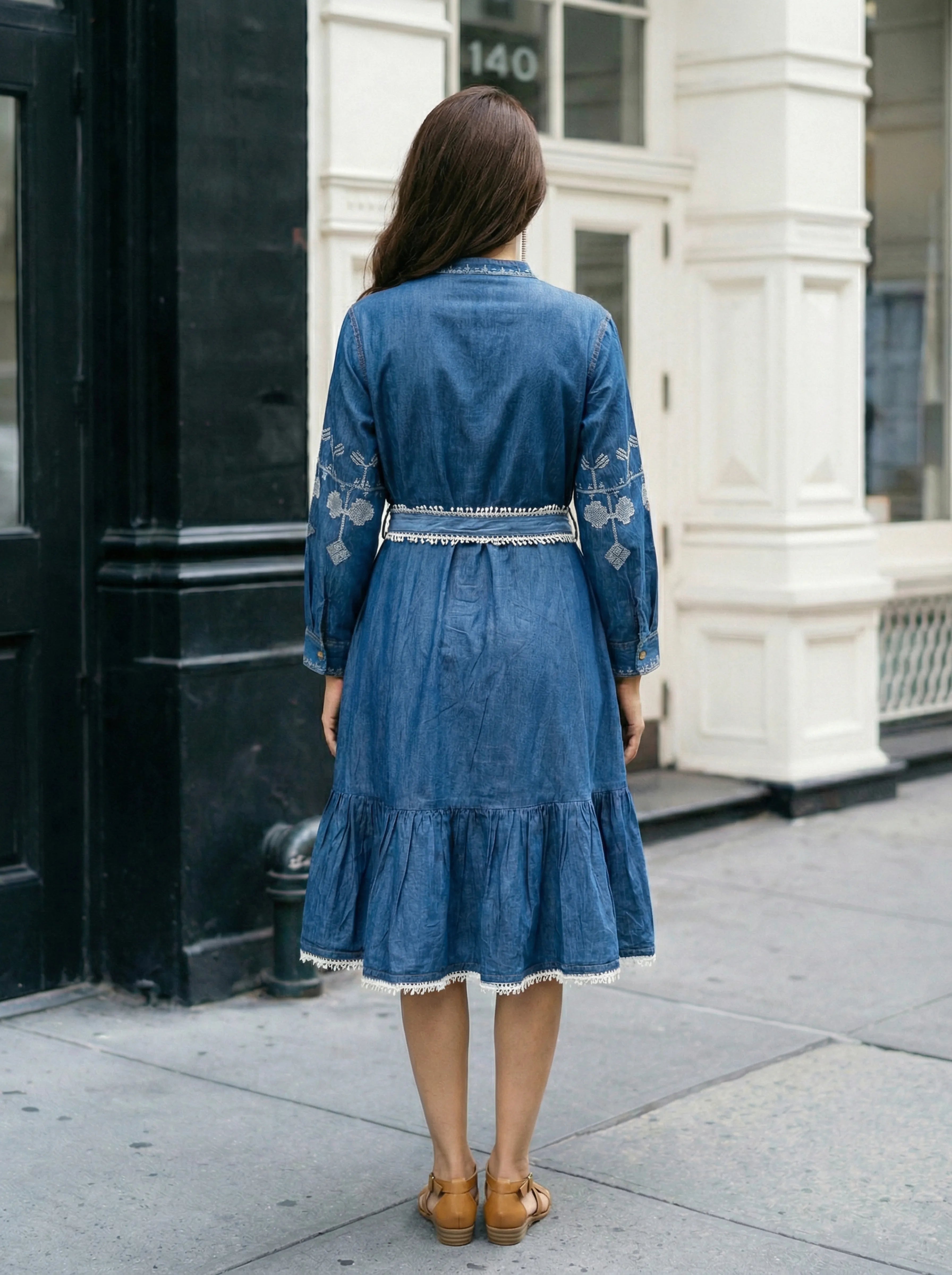 Denim Blue Embroidered A-Line Dress with Lace Belt in Cotton