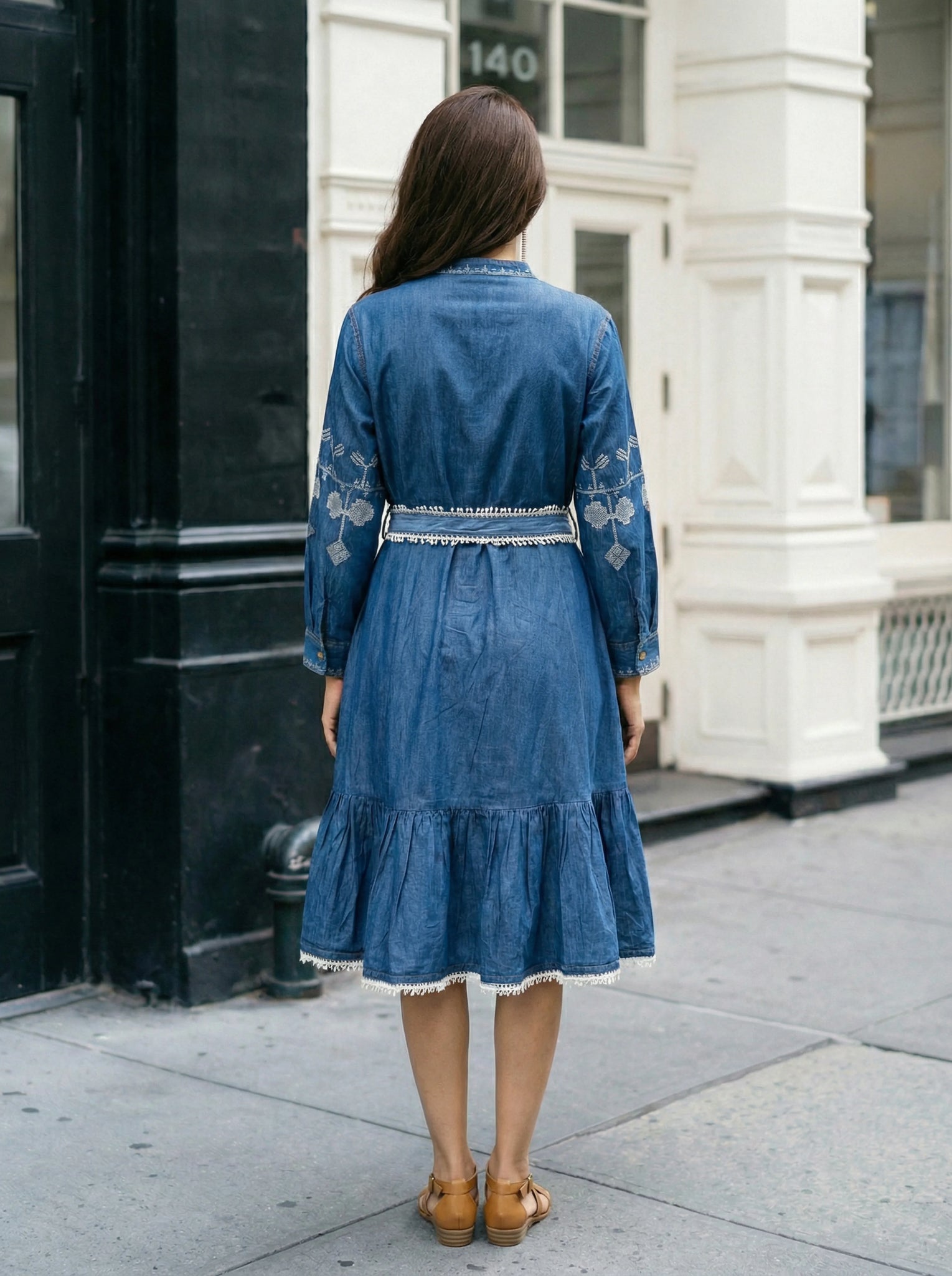 blue jean and lace dress IRFE White Denim Flounce Lace Dress