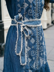 Denim Blue Embroidered A-Line Dress with Lace Belt in Cotton