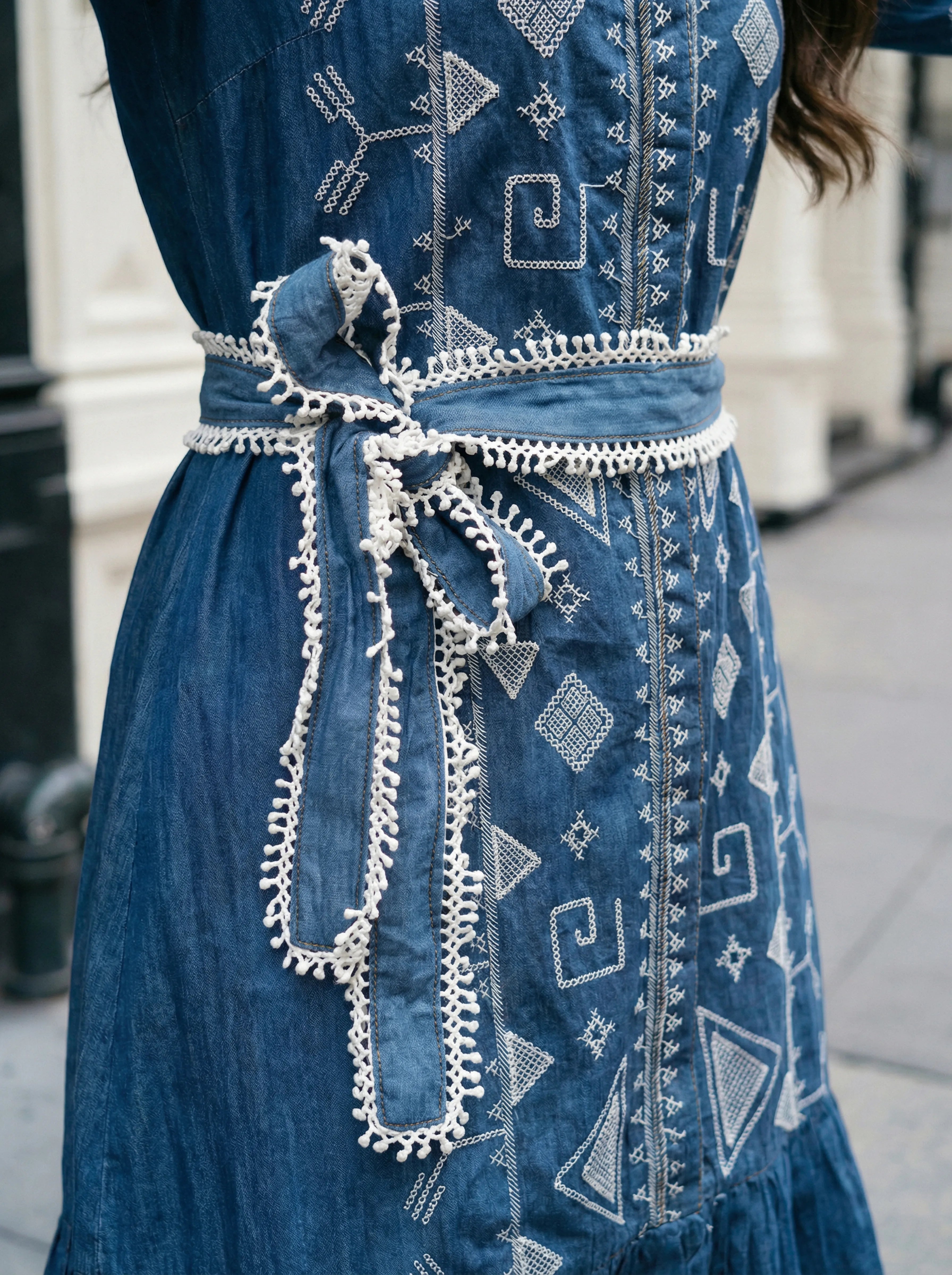 Denim Blue Embroidered A-Line Dress with Lace Belt in Cotton