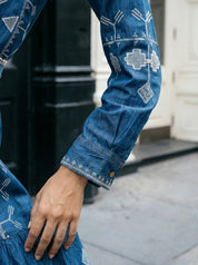 Denim Blue Embroidered A-Line Dress with Lace Belt in Cotton