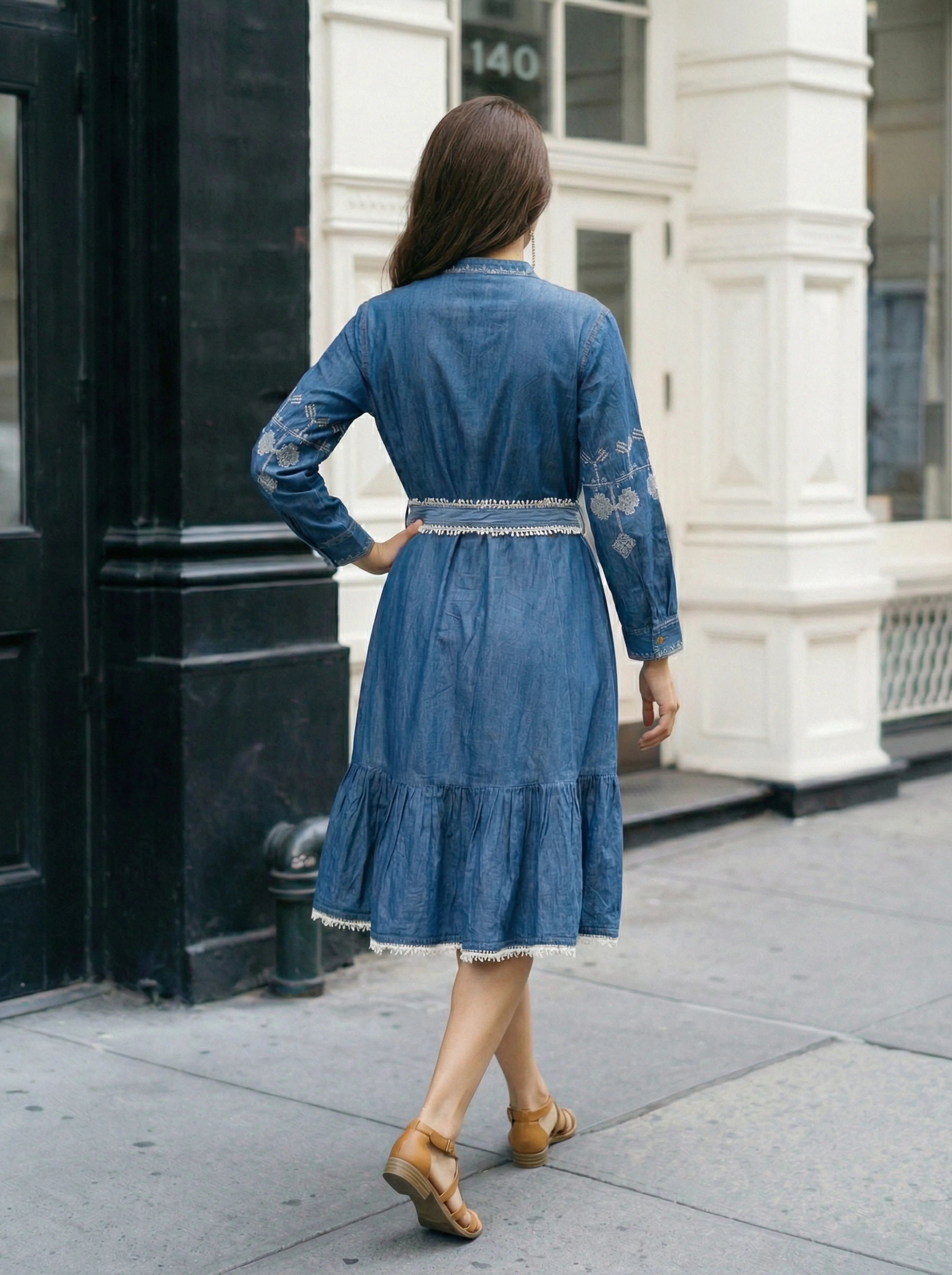 Denim Blue Embroidered A-Line Dress with Lace Belt in Cotton