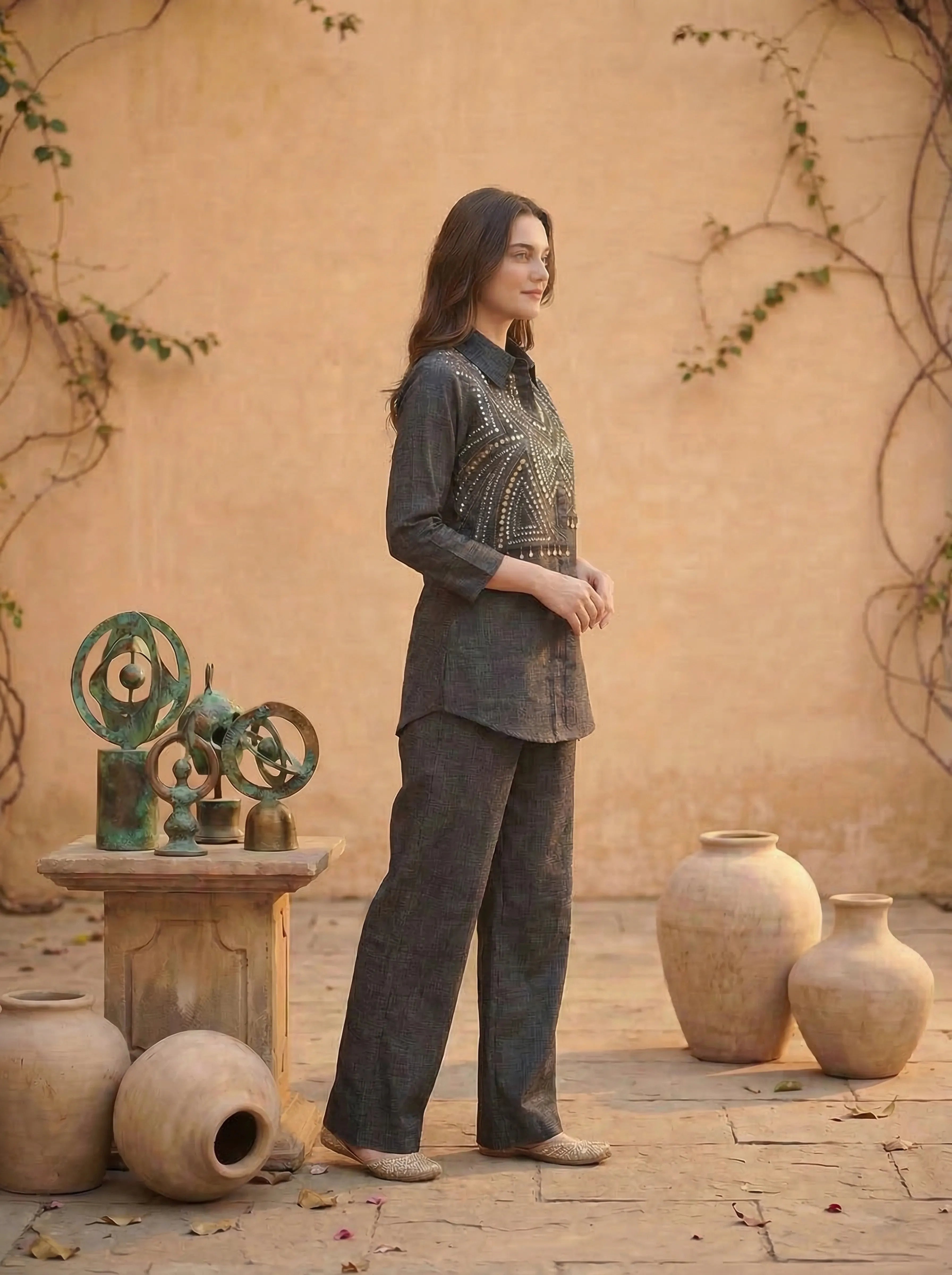 Embellished Black Linen Blend Co-ord Set