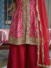 Hot Pink Leheriya Peplum 3 Piece Set in Crepe