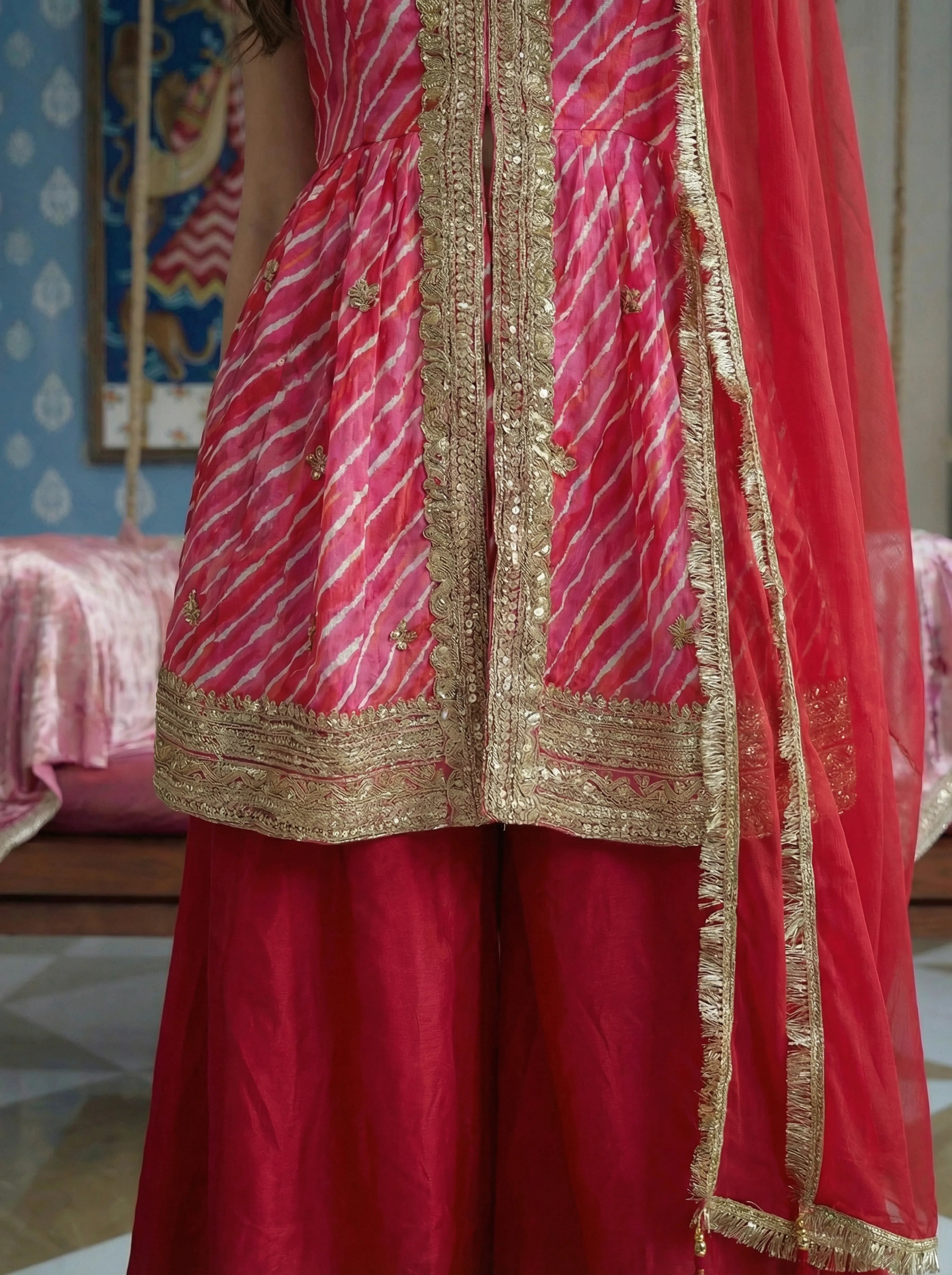 Hot Pink Leheriya Peplum 3 Piece Set in Crepe