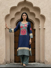 Dark Blue & Grey Color-Block Co-ord Set in Russian Silk