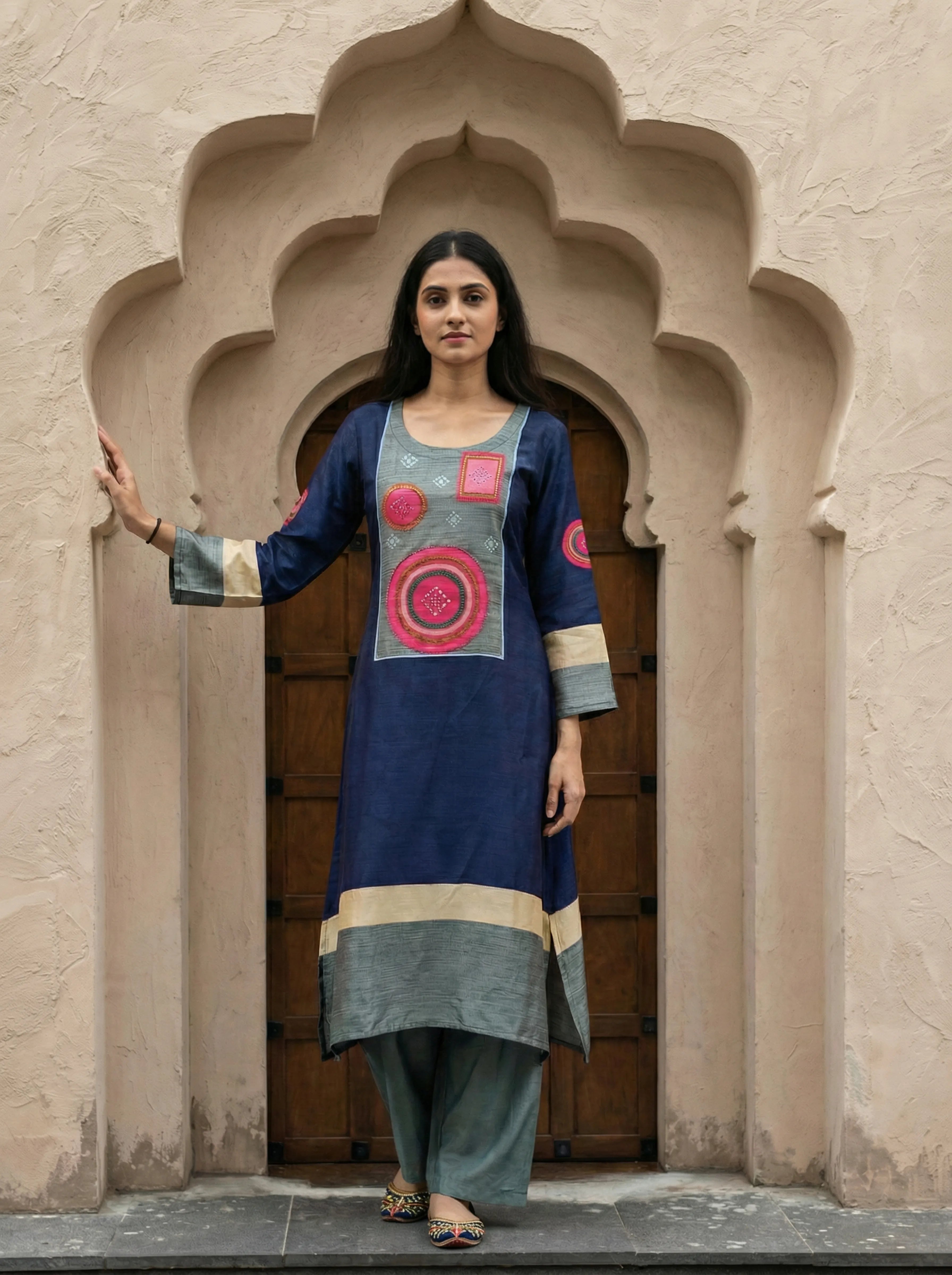 Dark Blue & Grey Color-Block Co-ord Set in Russian Silk