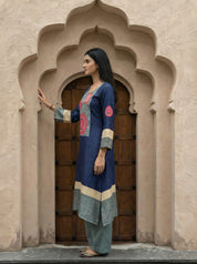 Dark Blue & Grey Color-Block Co-ord Set in Russian Silk